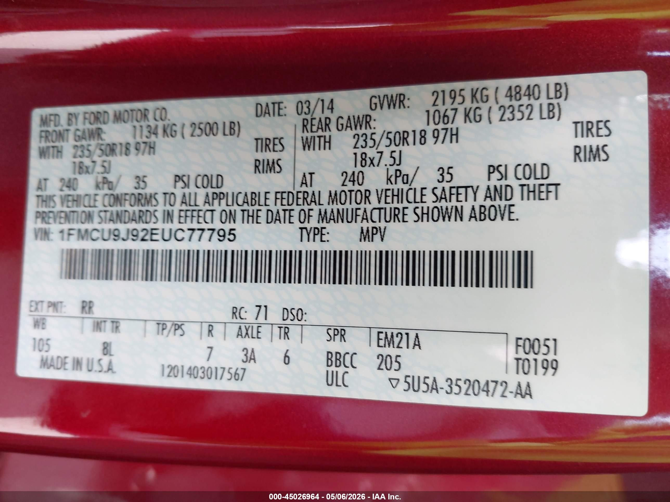 2014 Ford Escape Titanium Красный vin: 1FMCU9J92EUC77795
