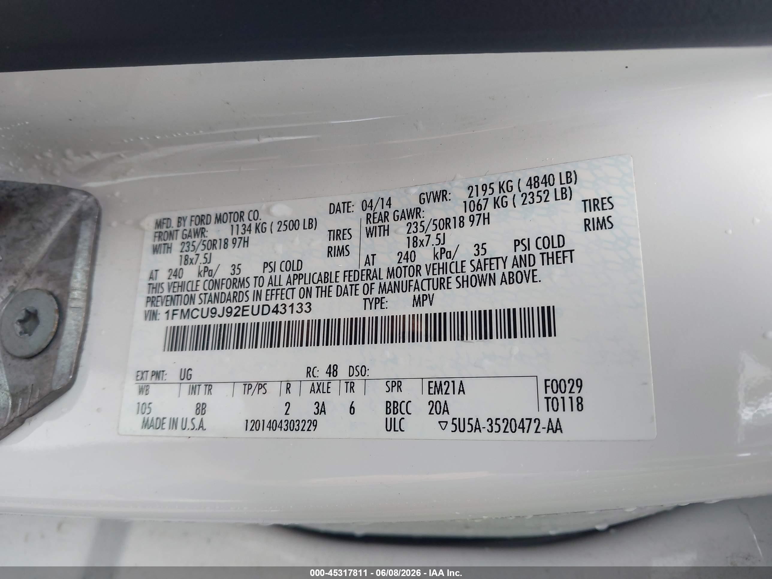 2014 Ford Escape Titanium White vin: 1FMCU9J92EUD43133