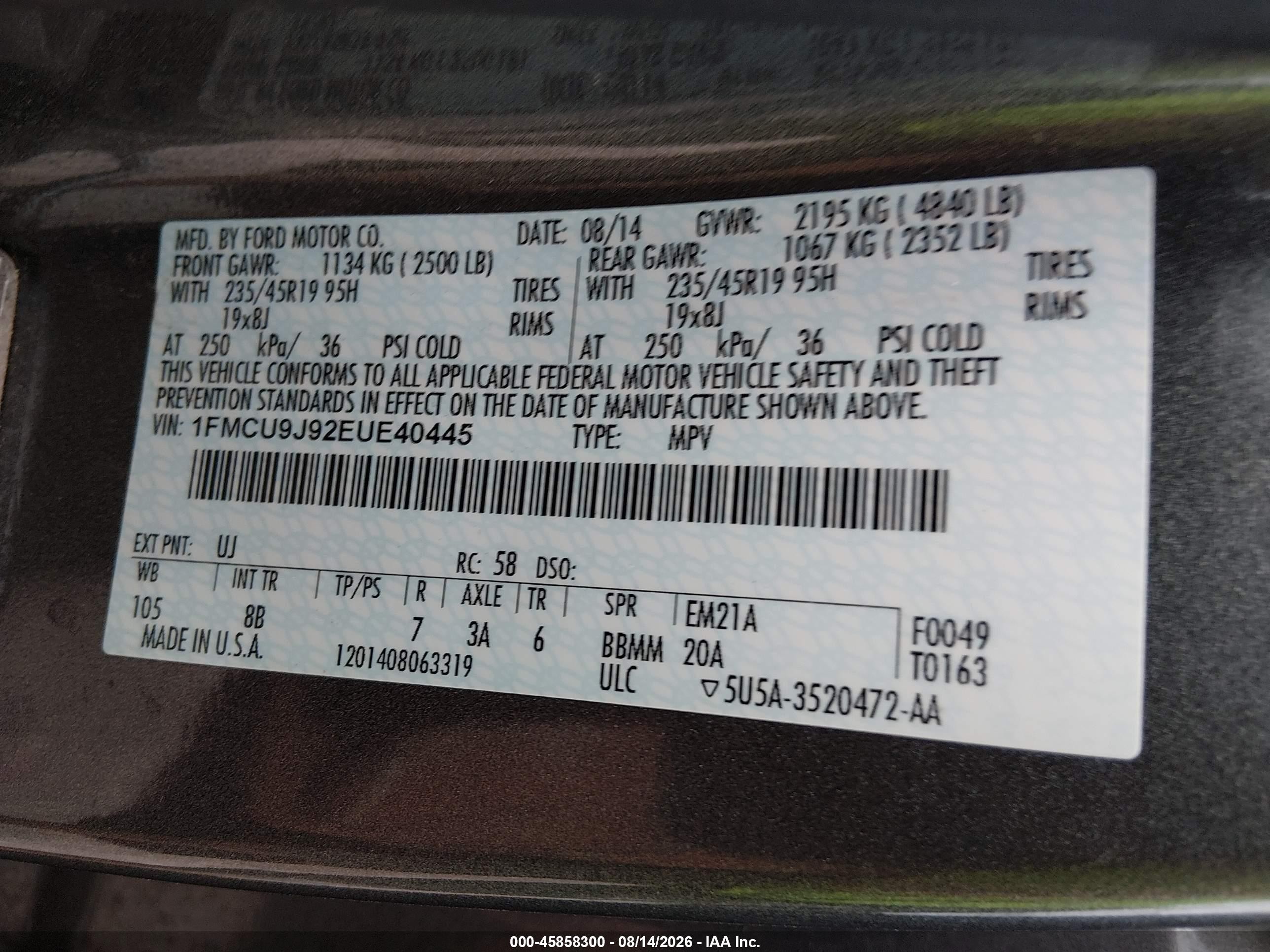 2014 Ford Escape Titanium Gray vin: 1FMCU9J92EUE40445