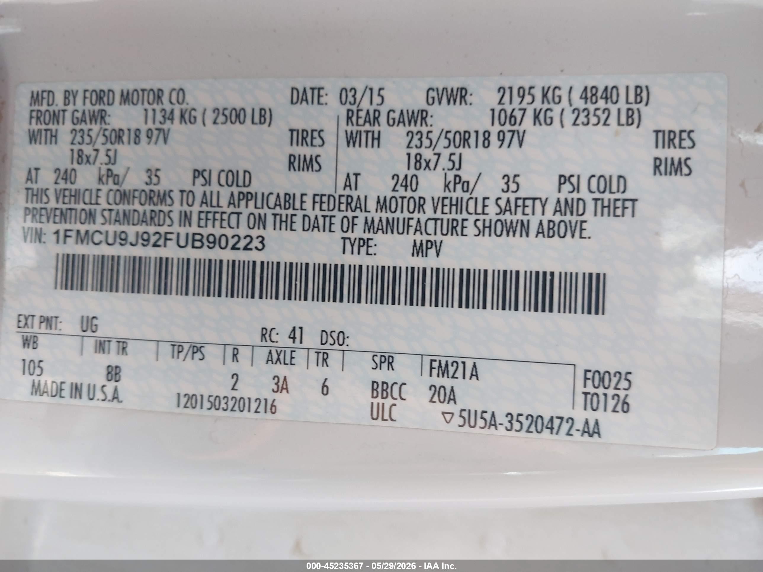 2015 Ford Escape Titanium Белый vin: 1FMCU9J92FUB90223