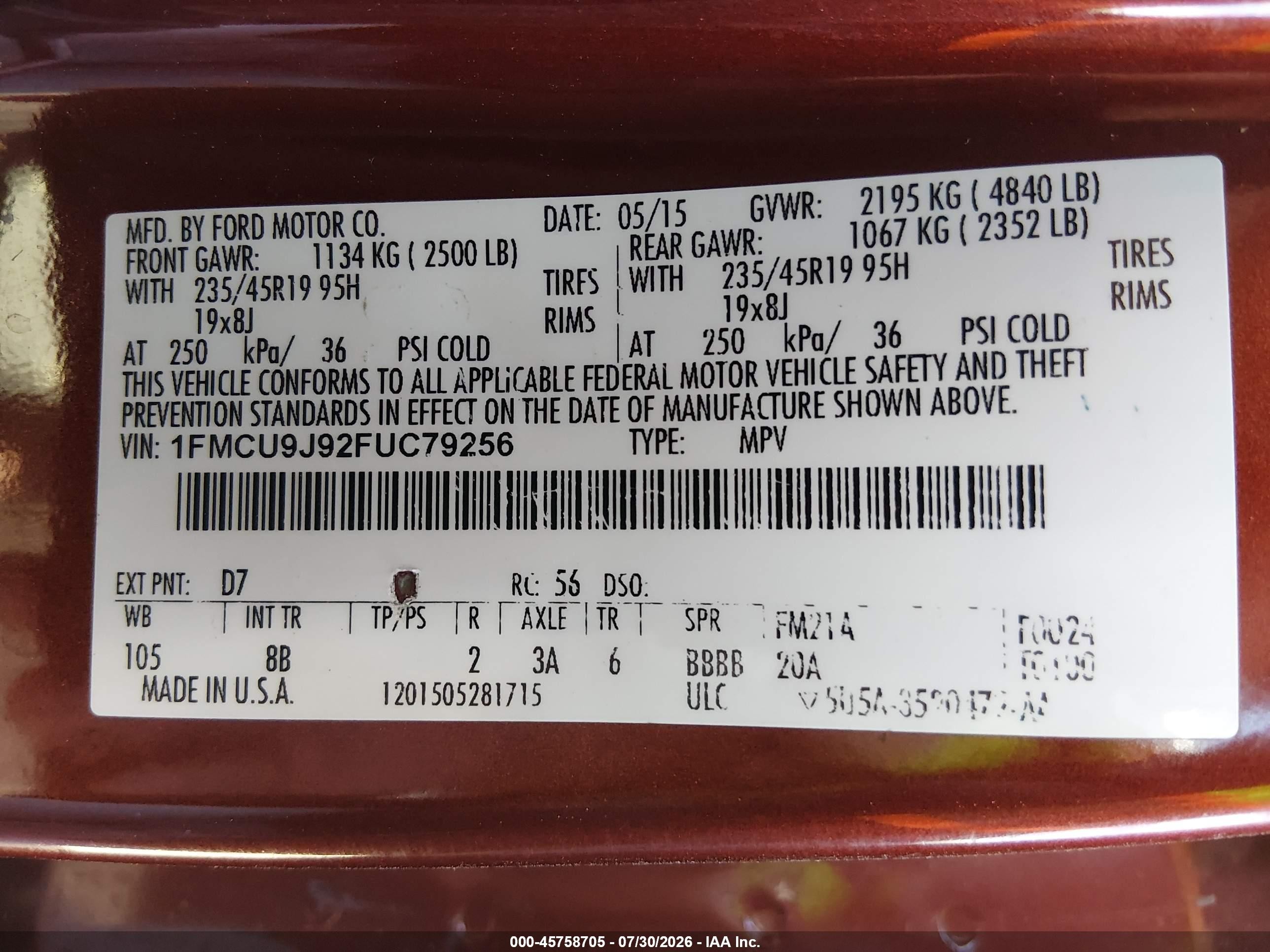 2015 Ford Escape Titanium Red vin: 1FMCU9J92FUC79256