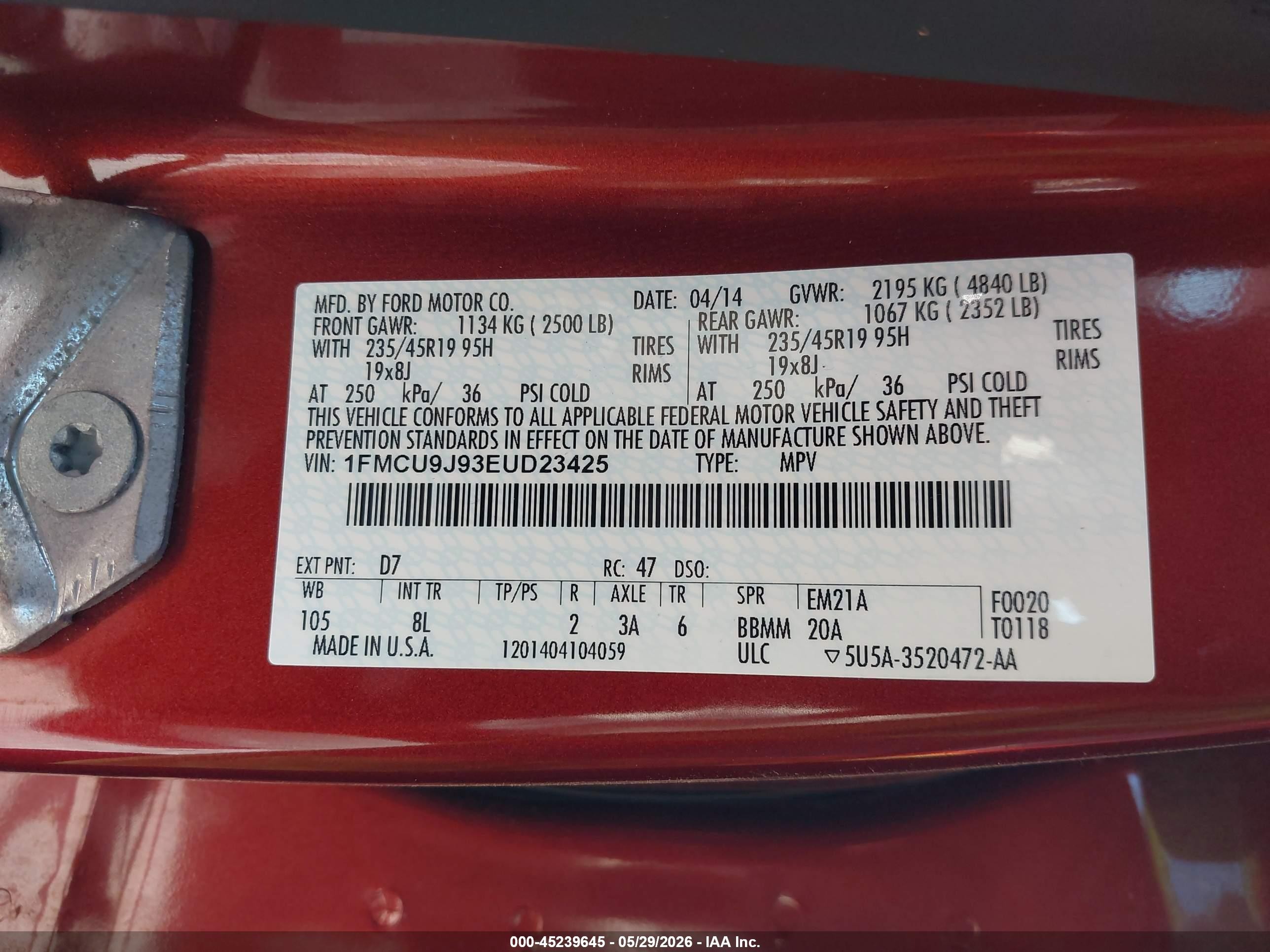2014 Ford Escape Titanium Orange vin: 1FMCU9J93EUD23425