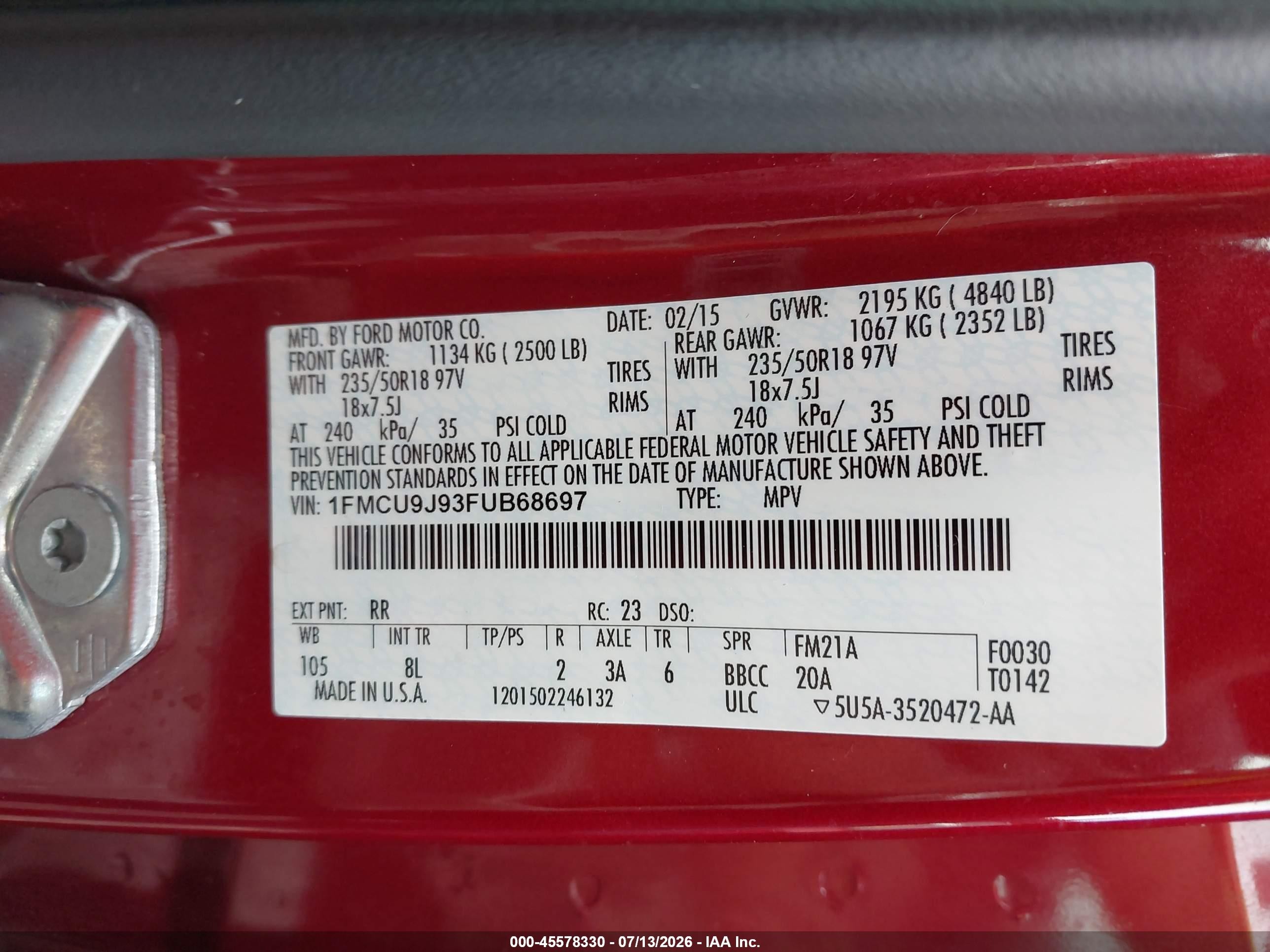2015 Ford Escape Titanium Red vin: 1FMCU9J93FUB68697