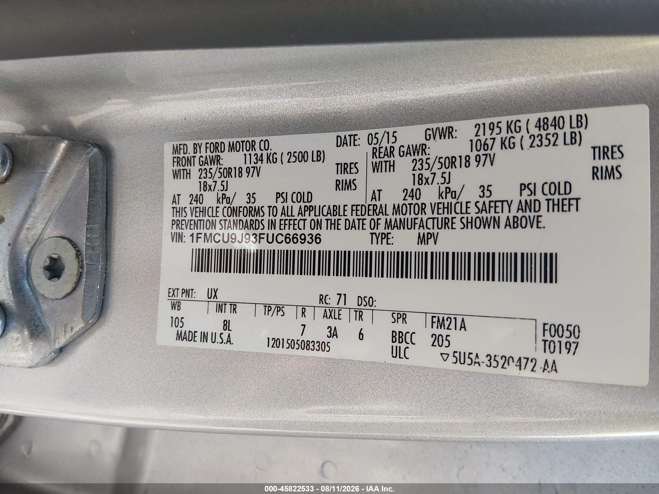 2015 Ford Escape Titanium Silver vin: 1FMCU9J93FUC66936