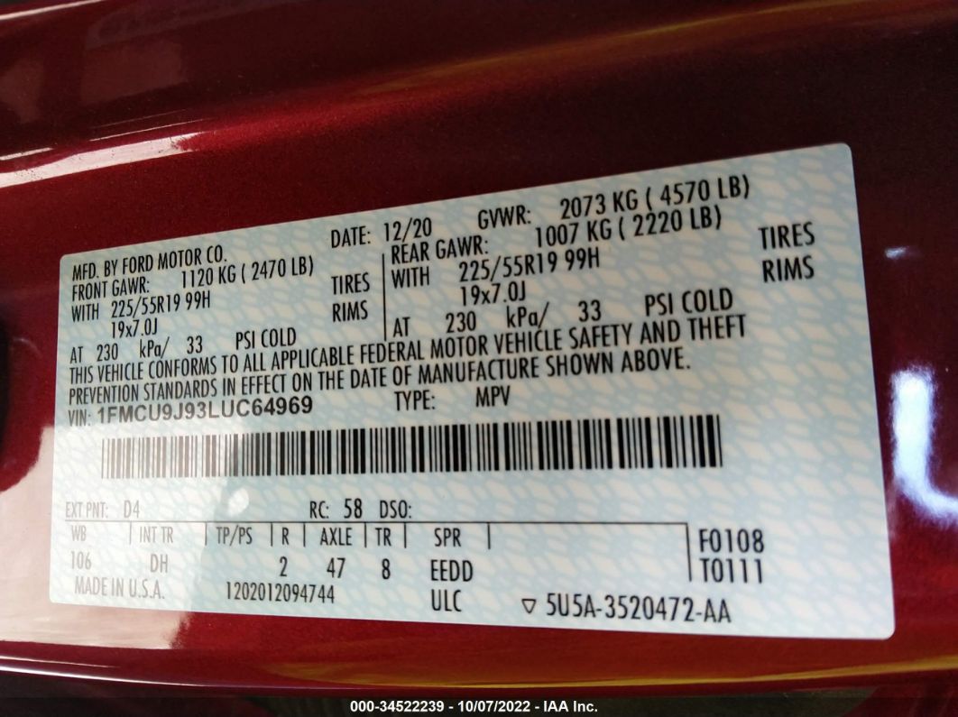 2020 Ford Escape Titanium Red vin: 1FMCU9J93LUC64969