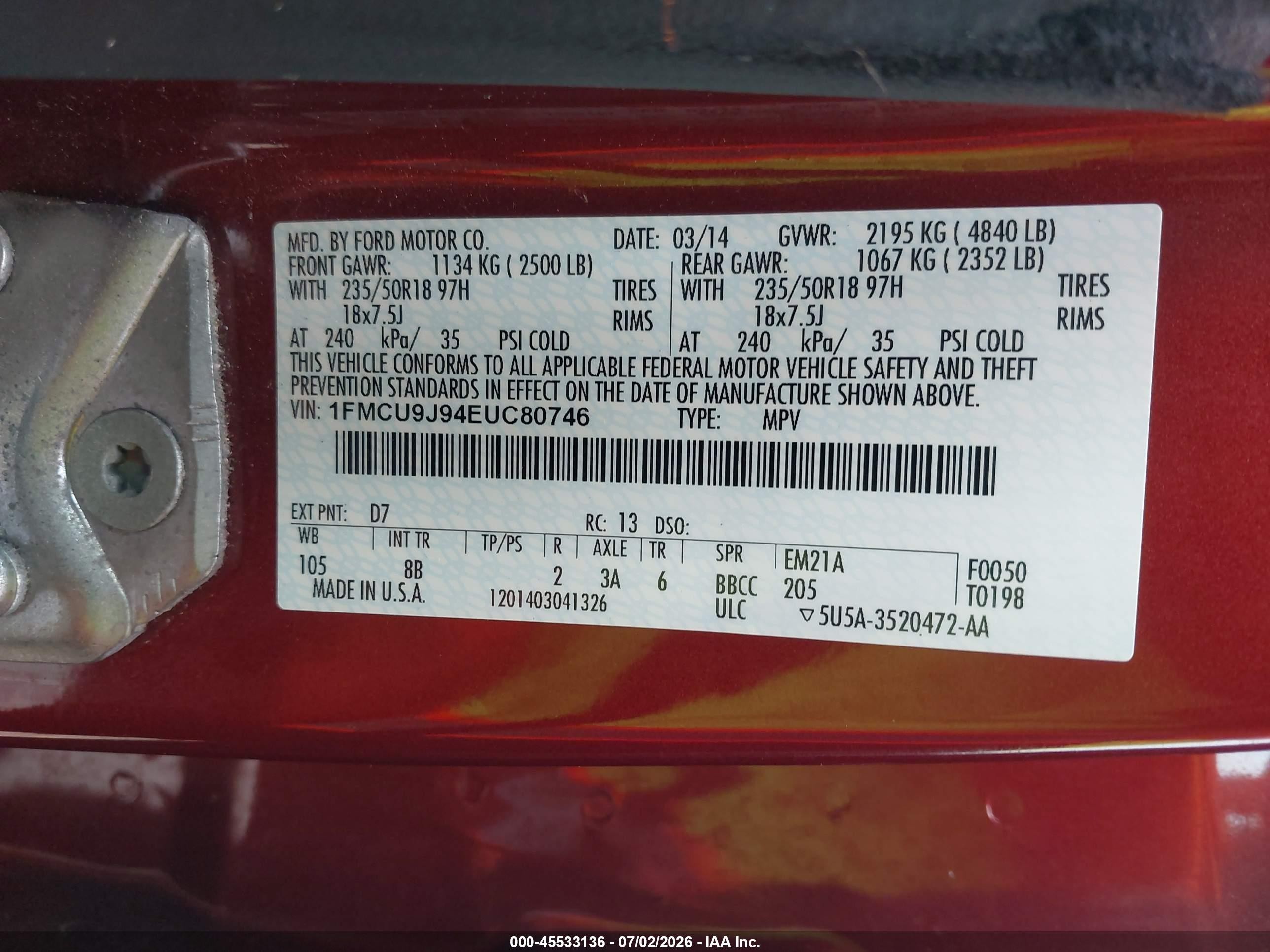 2014 Ford Escape Titanium Red vin: 1FMCU9J94EUC80746