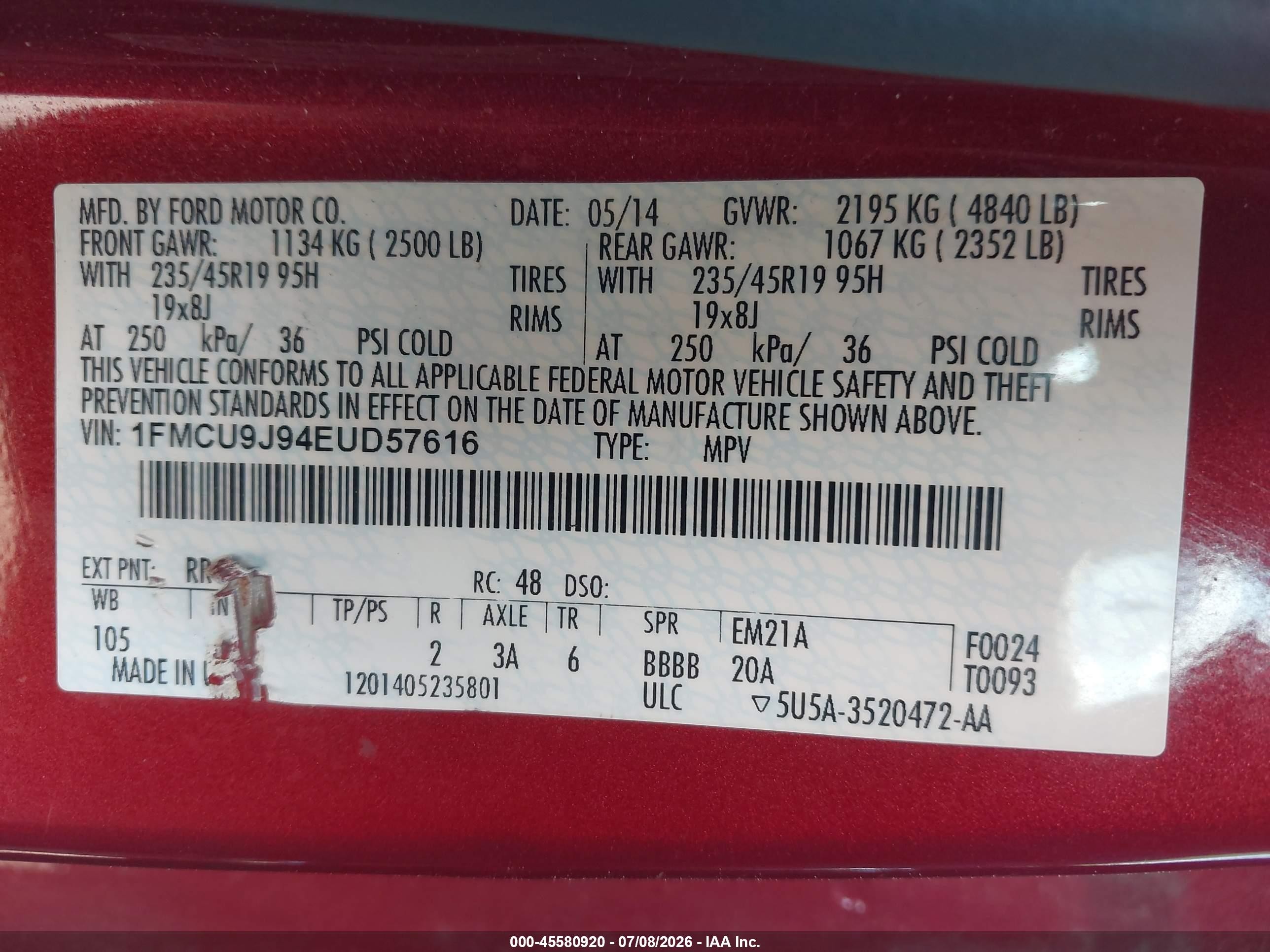 2014 Ford Escape Titanium Red vin: 1FMCU9J94EUD57616