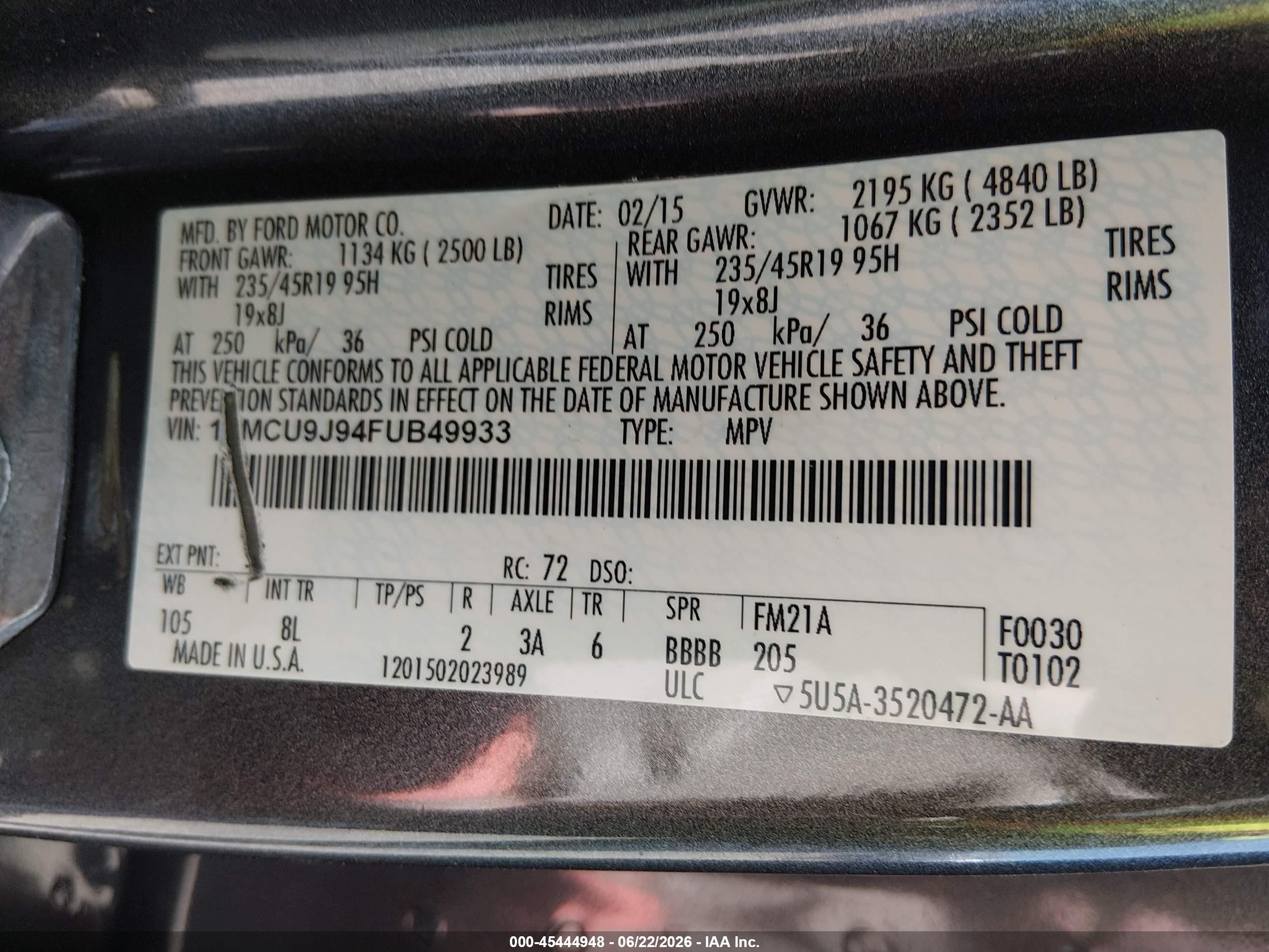 2015 Ford Escape Titanium Gray vin: 1FMCU9J94FUB49933