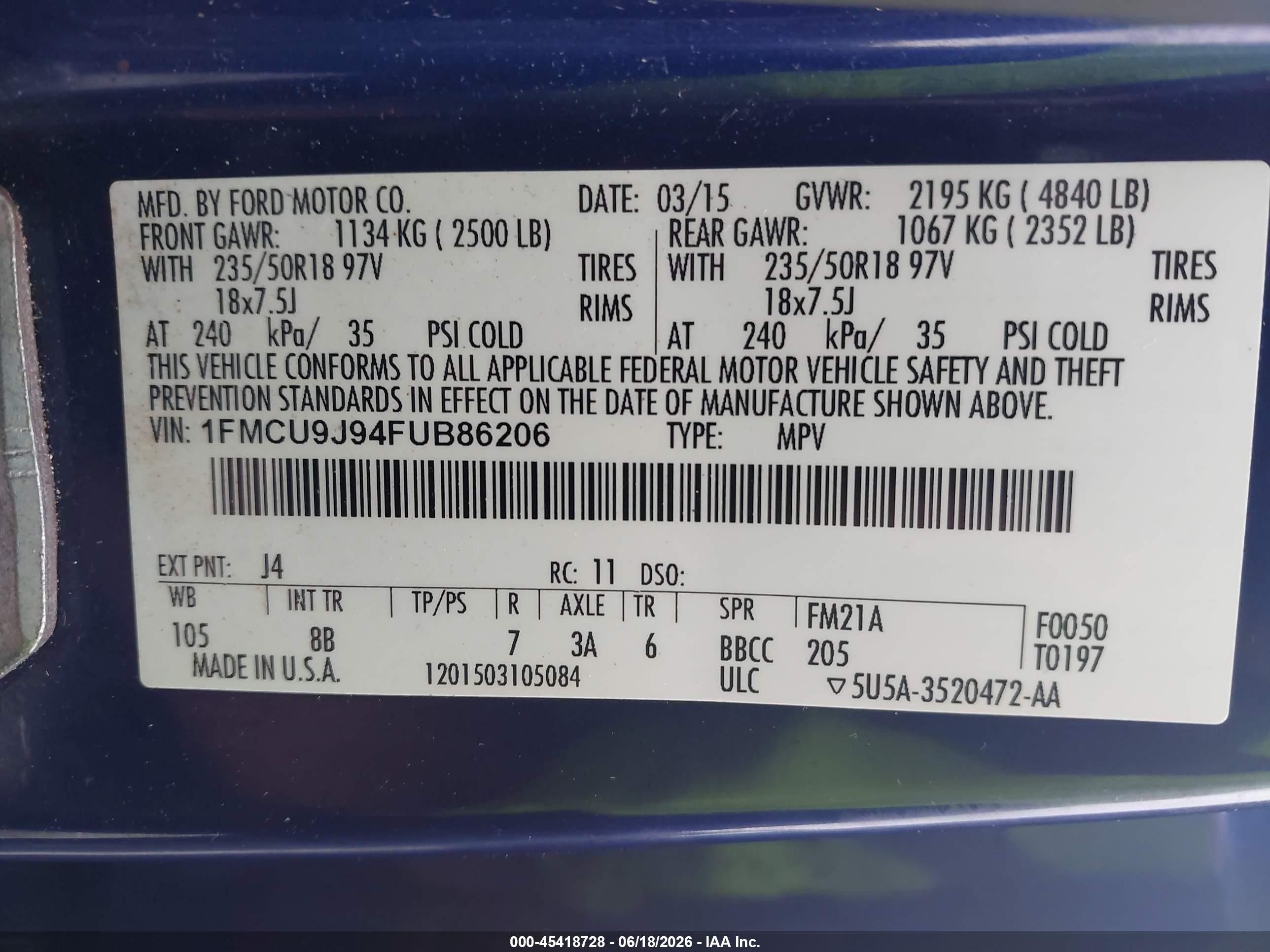 2015 Ford Escape Titanium Blue vin: 1FMCU9J94FUB86206