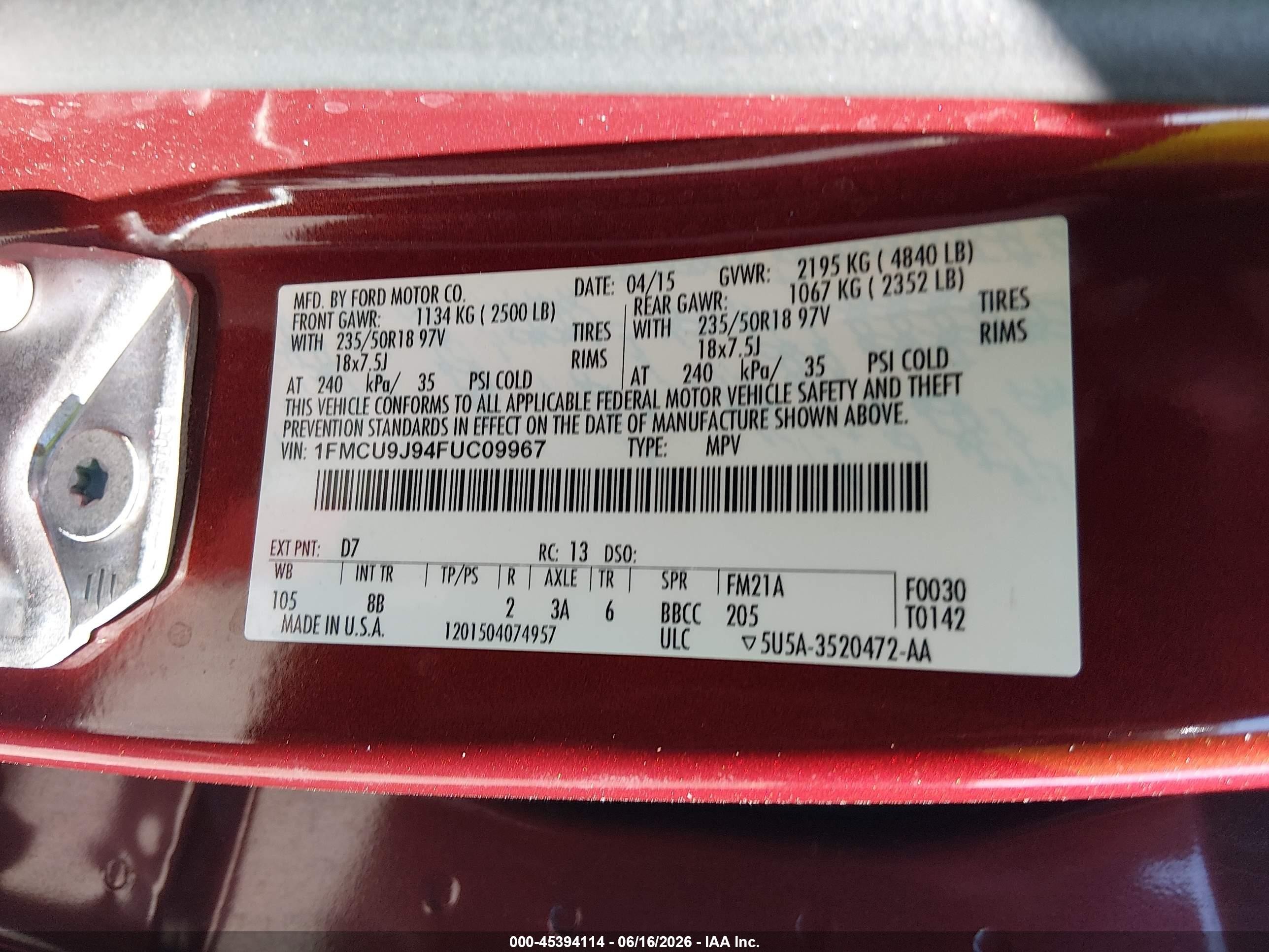 2015 Ford Escape Titanium Red vin: 1FMCU9J94FUC09967