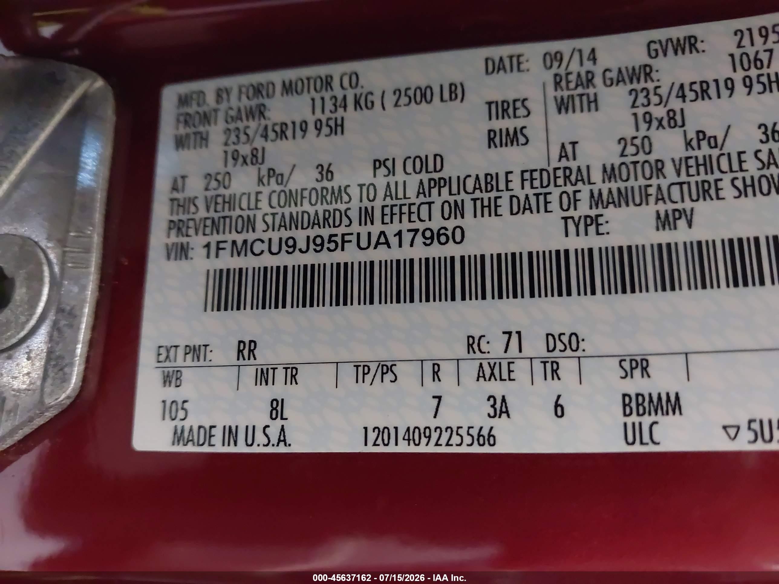 2015 Ford Escape Titanium Red vin: 1FMCU9J95FUA17960