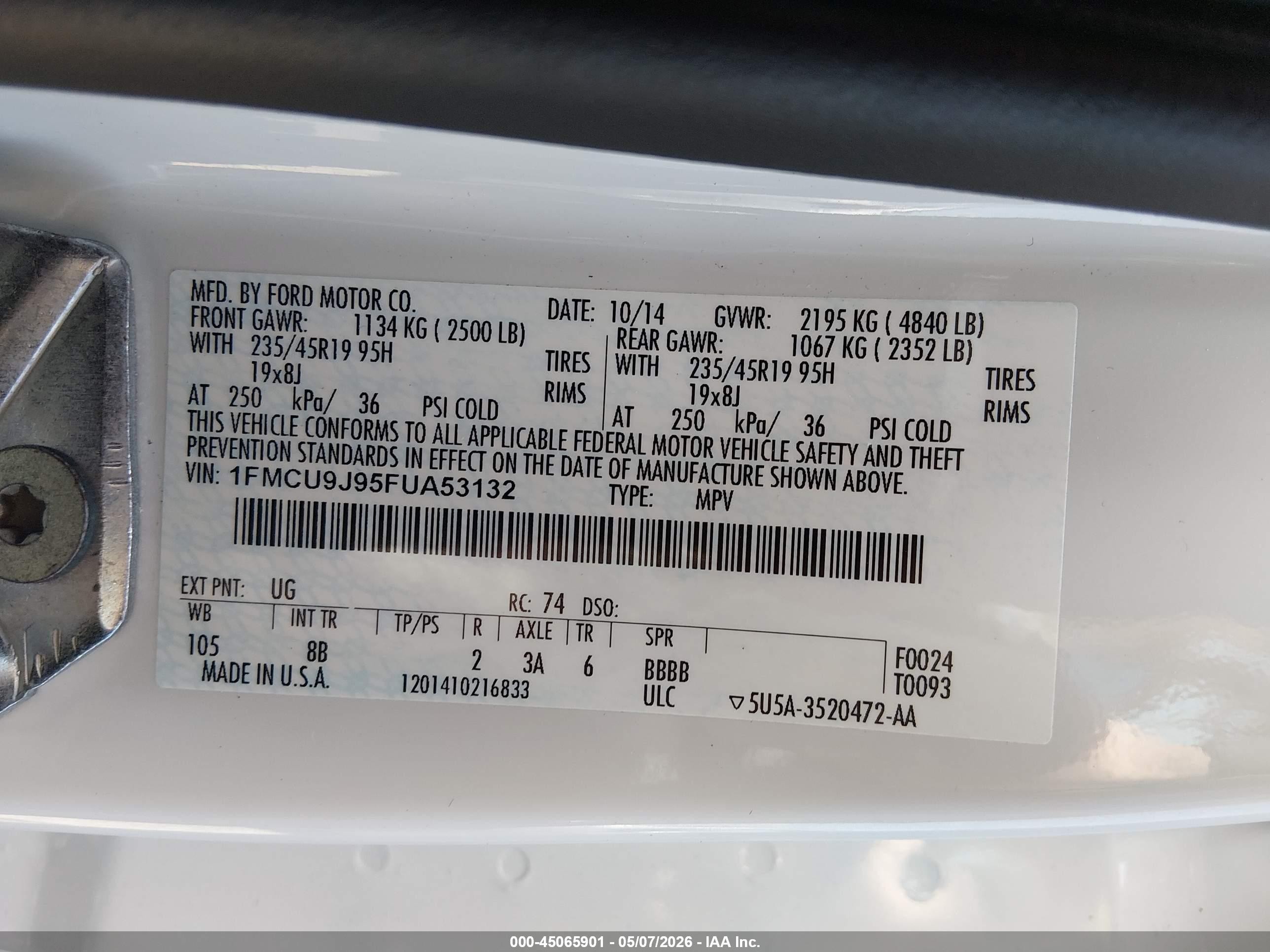 2015 Ford Escape Titanium White vin: 1FMCU9J95FUA53132