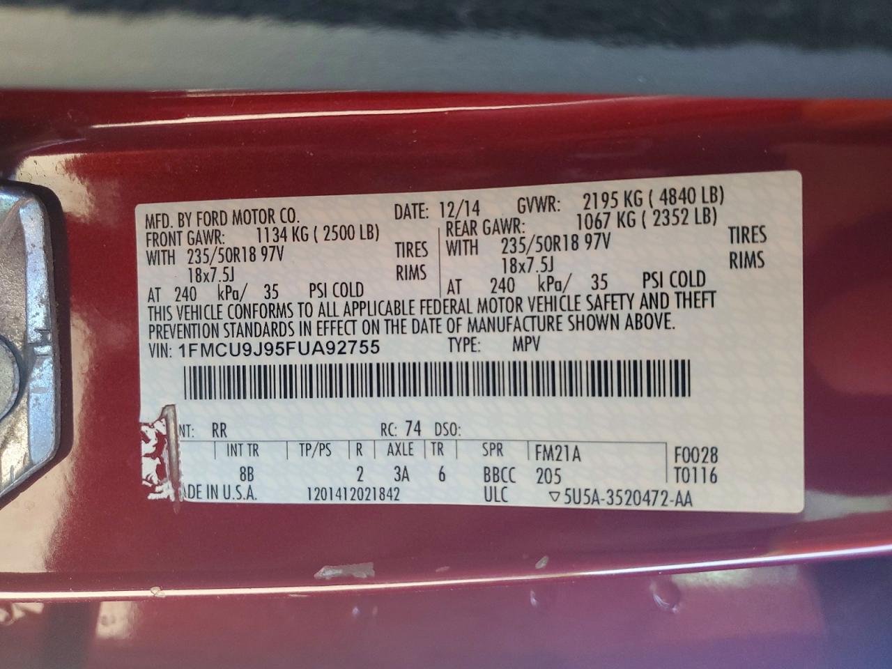 2015 Ford Escape Titanium Red vin: 1FMCU9J95FUA92755