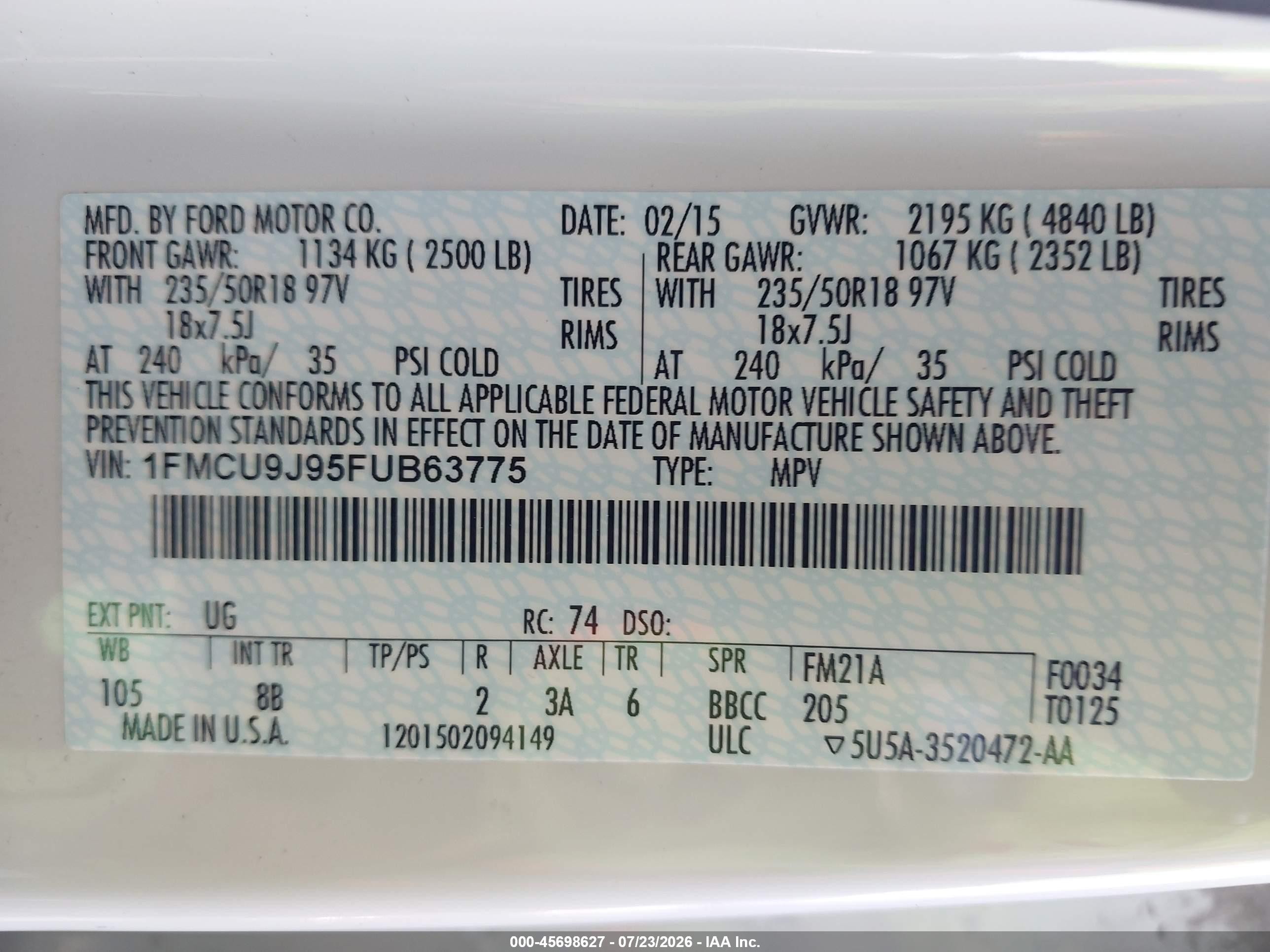 2015 Ford Escape Titanium White vin: 1FMCU9J95FUB63775