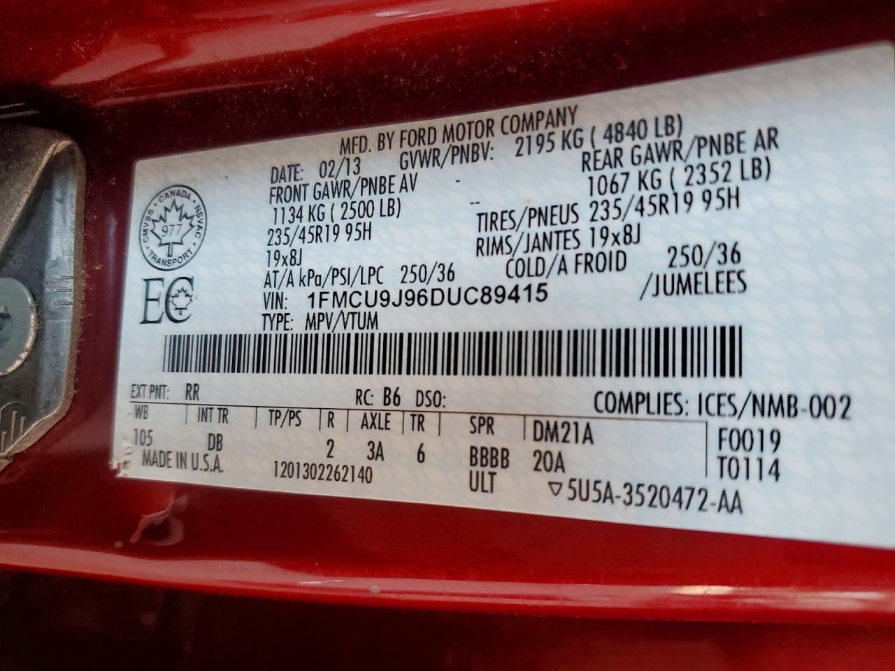 2013 Ford Escape Titanium Red vin: 1FMCU9J96DUC89415