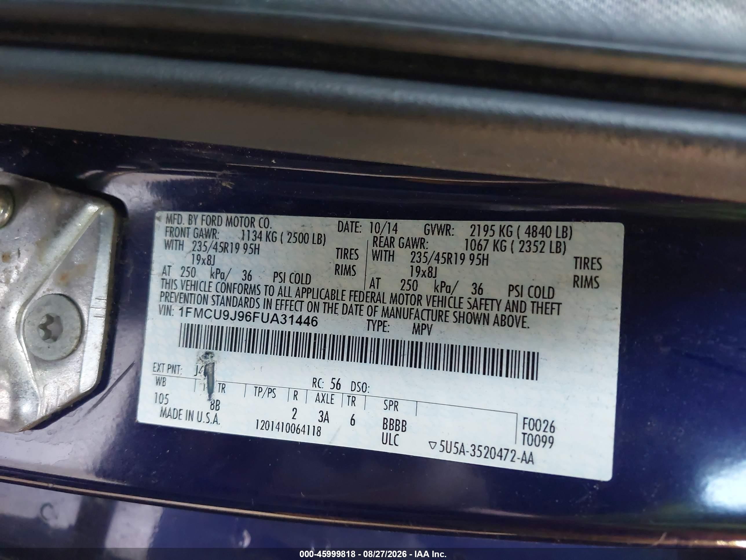 2015 Ford Escape Titanium Blue vin: 1FMCU9J96FUA31446