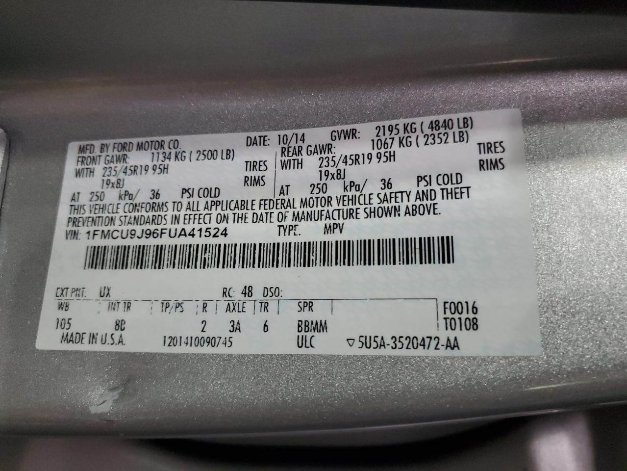 2015 Ford Escape Titanium Silver vin: 1FMCU9J96FUA41524