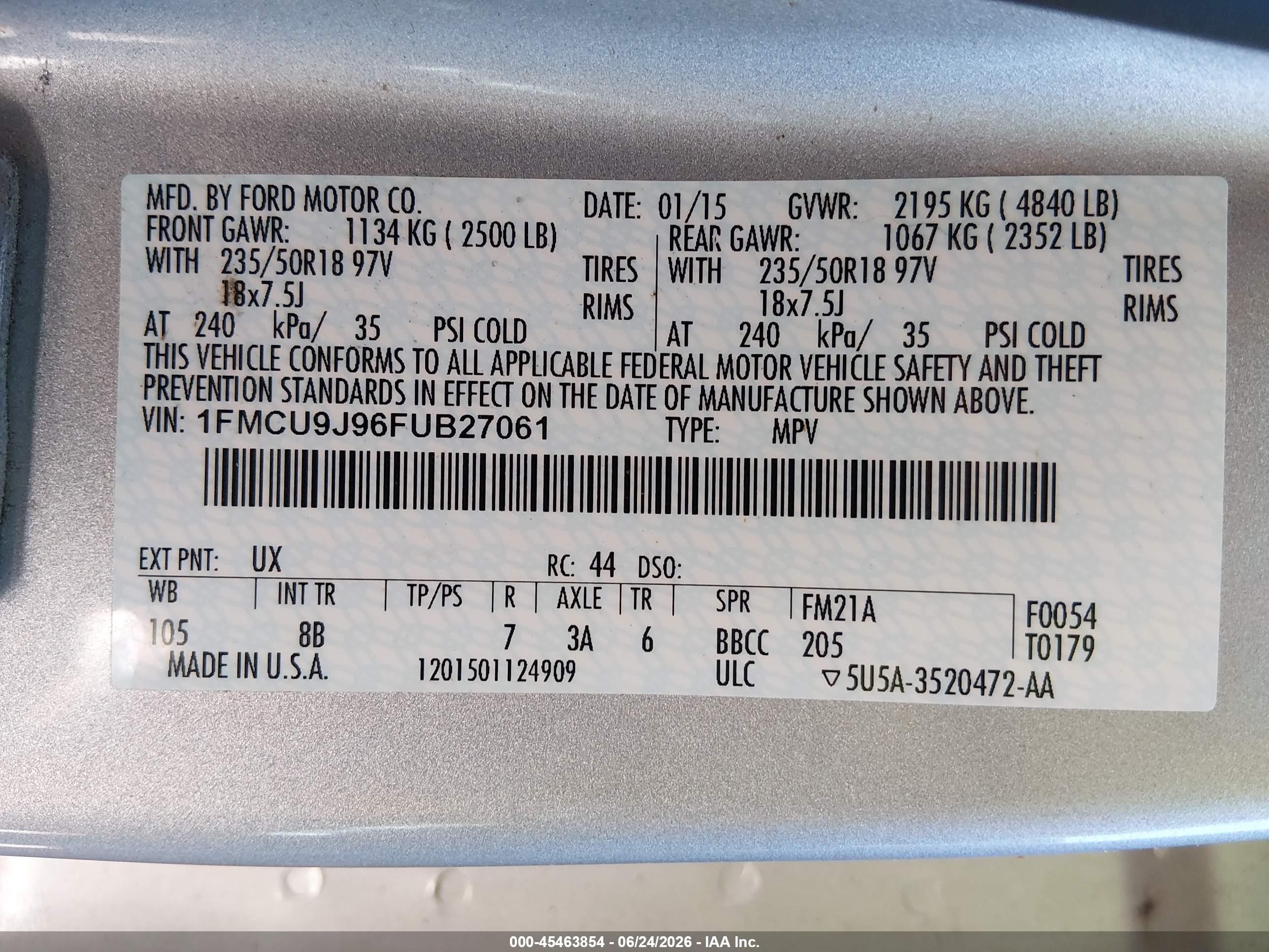 2015 Ford Escape Titanium Silver vin: 1FMCU9J96FUB27061