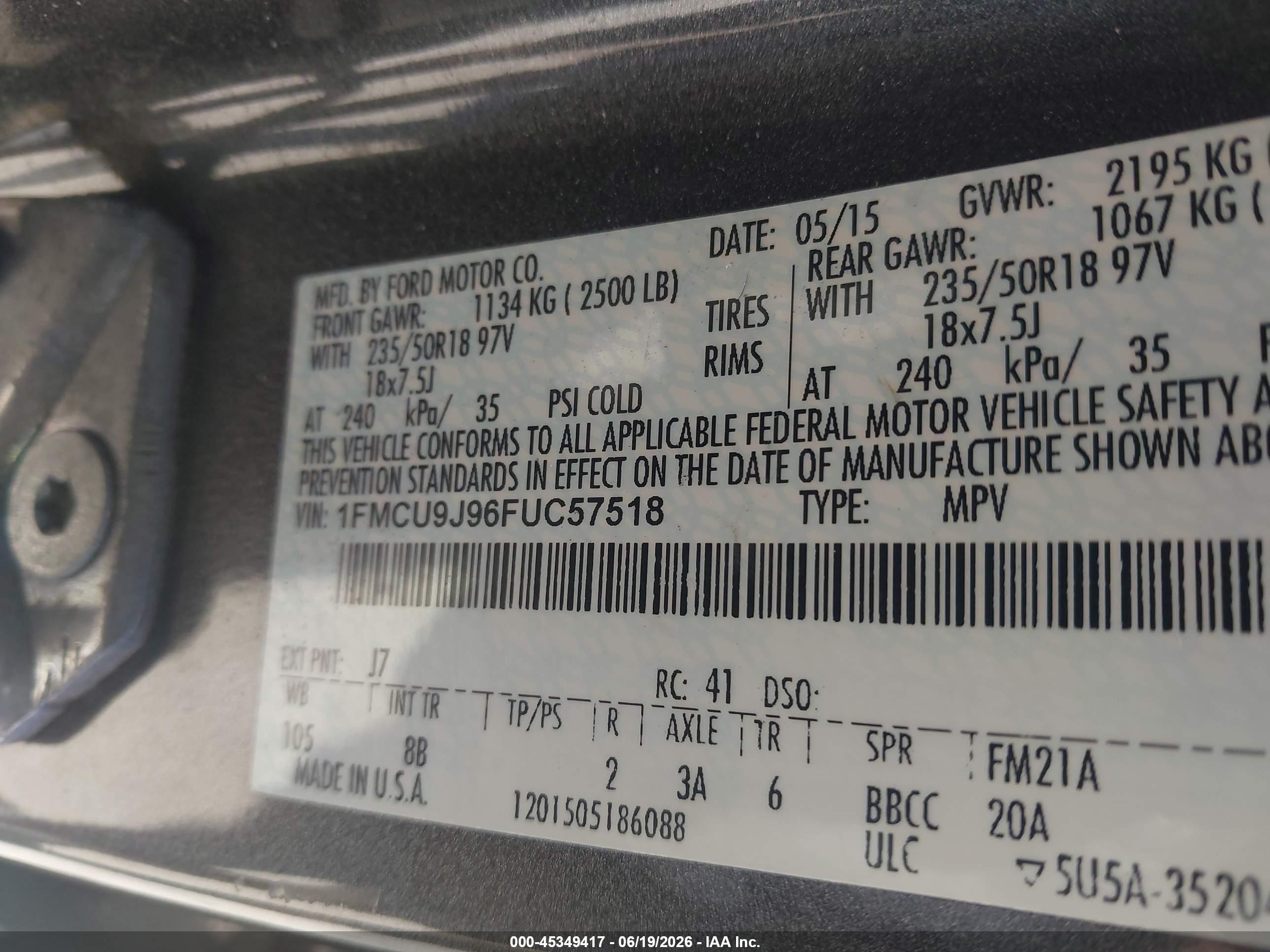 2015 Ford Escape Titanium Gray vin: 1FMCU9J96FUC57518