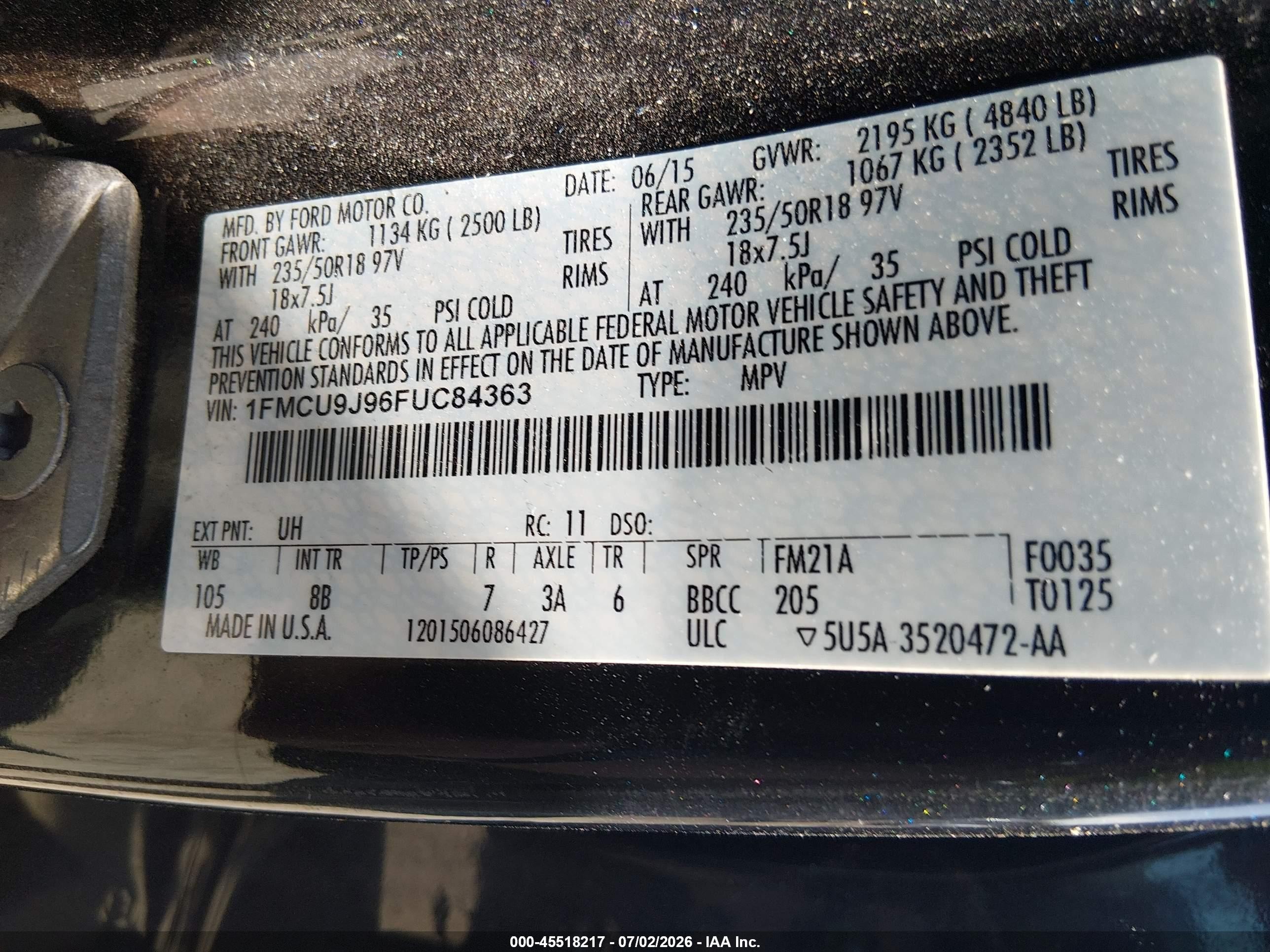 2015 Ford Escape Titanium Black vin: 1FMCU9J96FUC84363