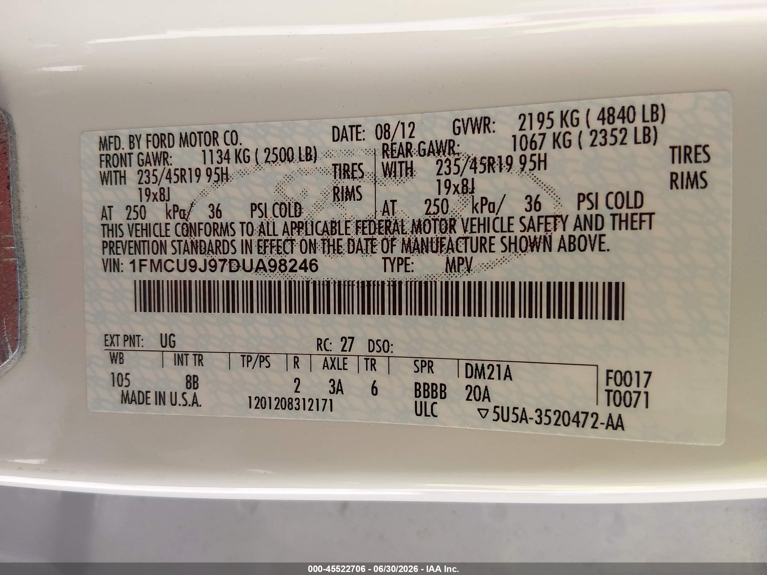 2013 Ford Escape Titanium White vin: 1FMCU9J97DUA98246