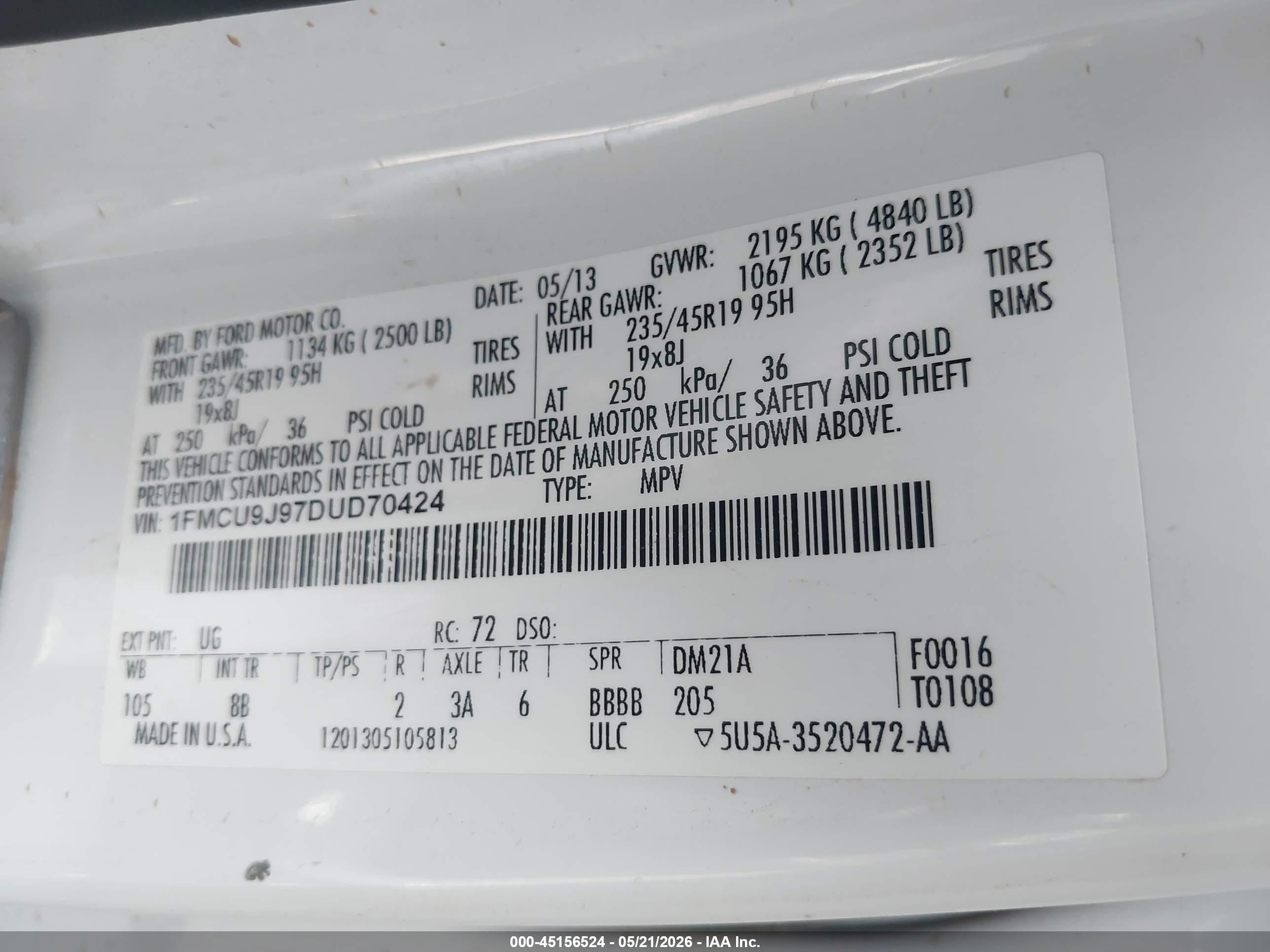 2013 Ford Escape Titanium White vin: 1FMCU9J97DUD70424