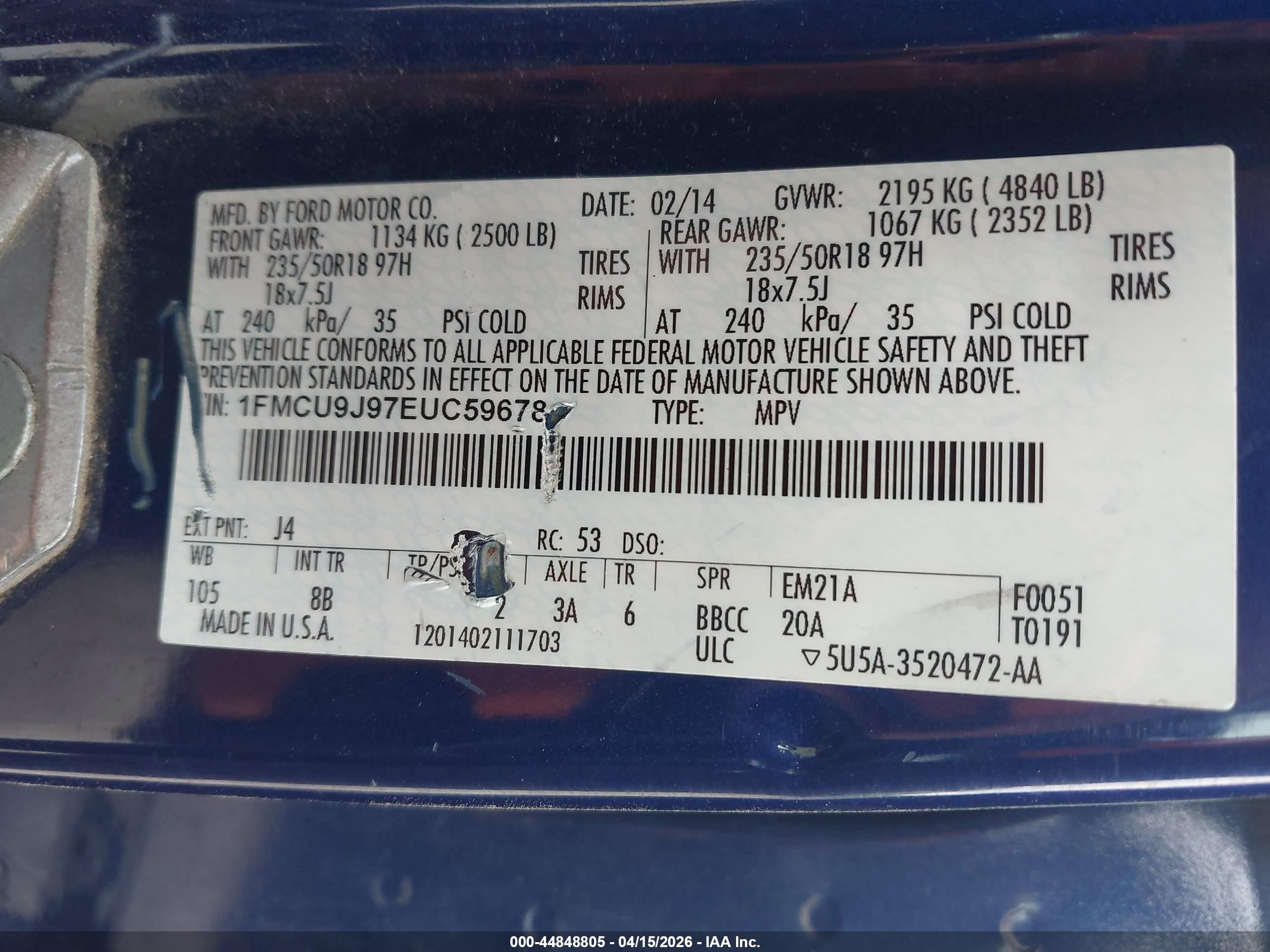 2014 Ford Escape Titanium Blue vin: 1FMCU9J97EUC59678