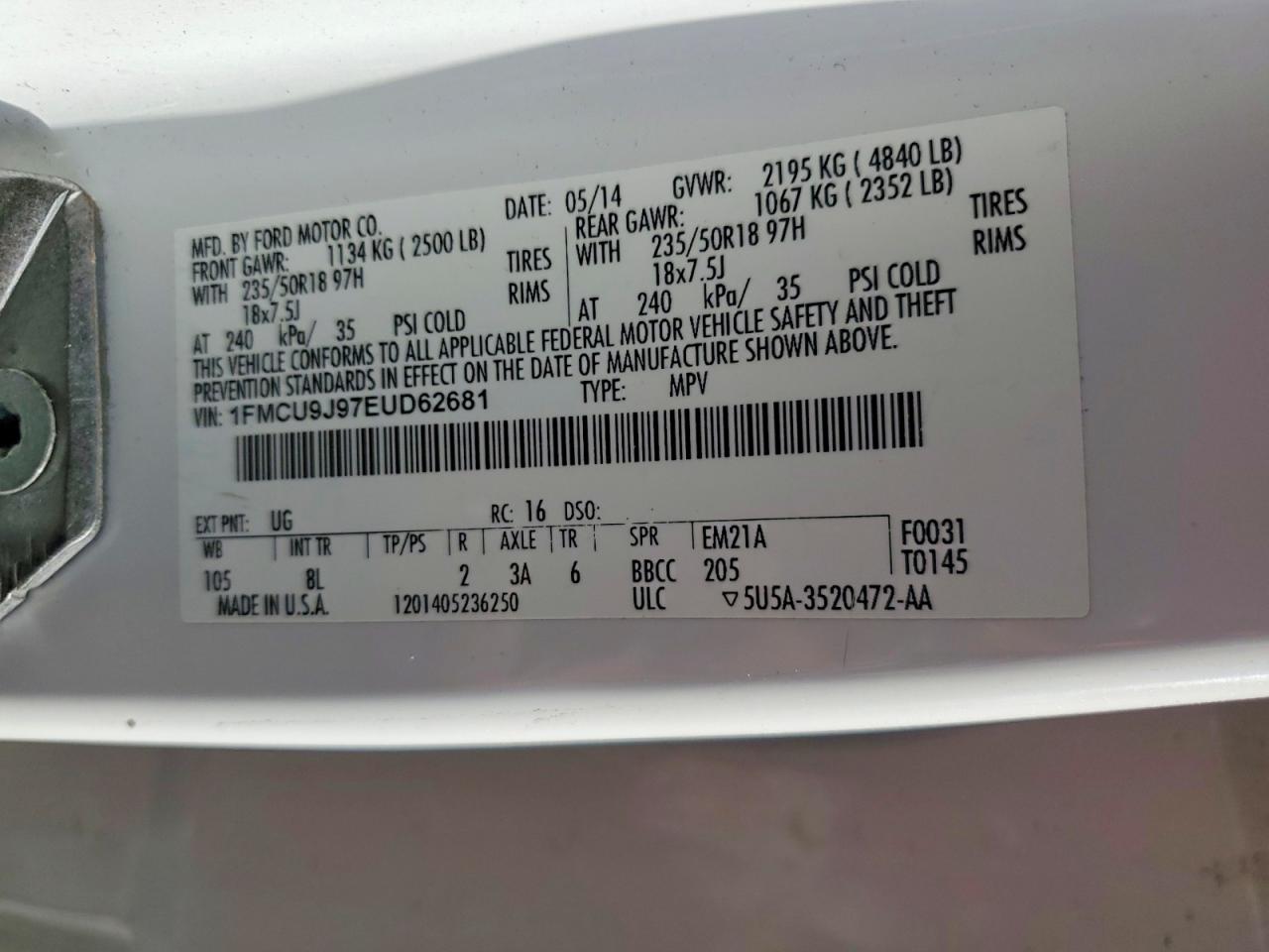 2014 Ford Escape Titanium White vin: 1FMCU9J97EUD62681
