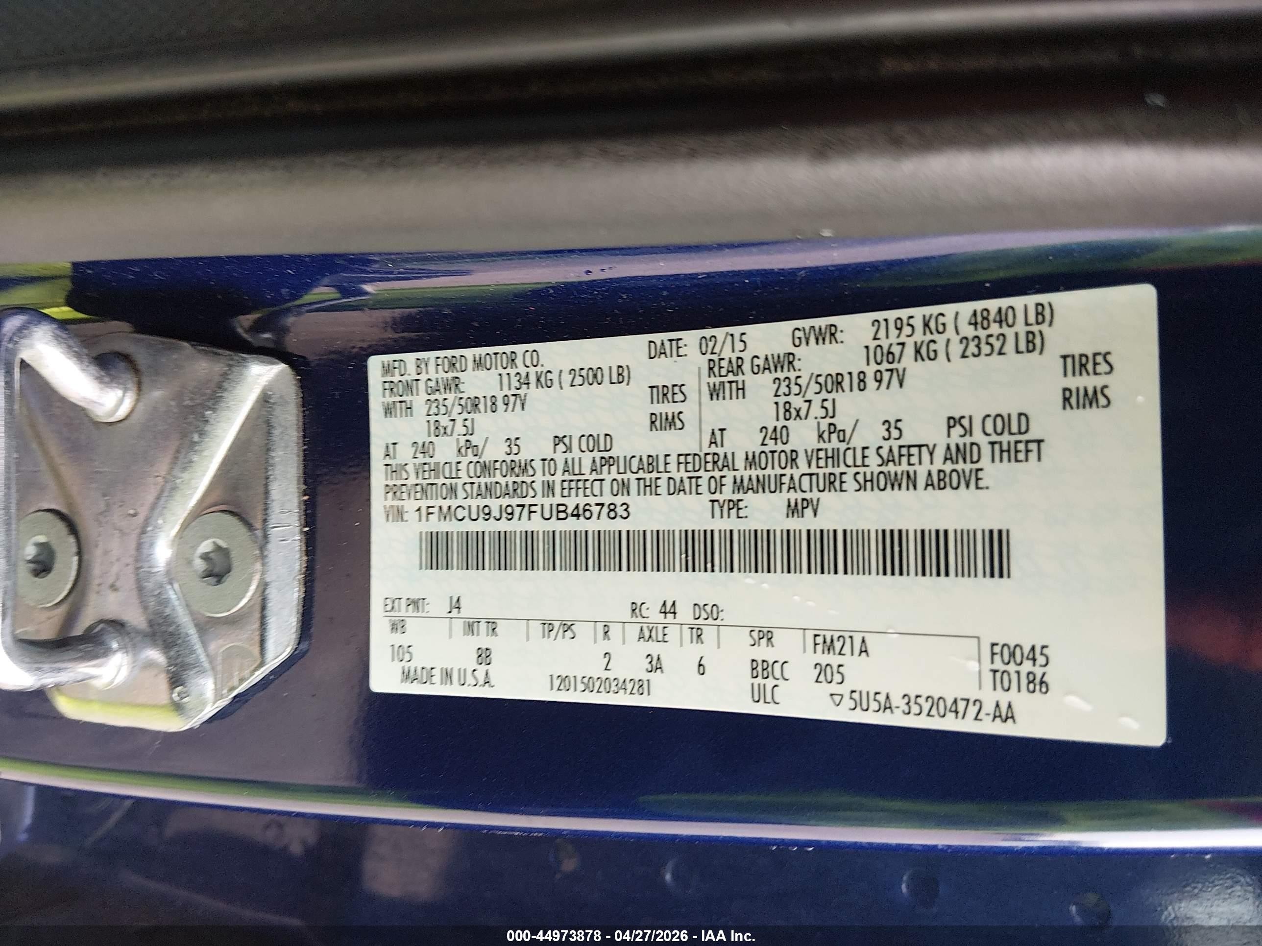2015 Ford Escape Titanium Blue vin: 1FMCU9J97FUB46783