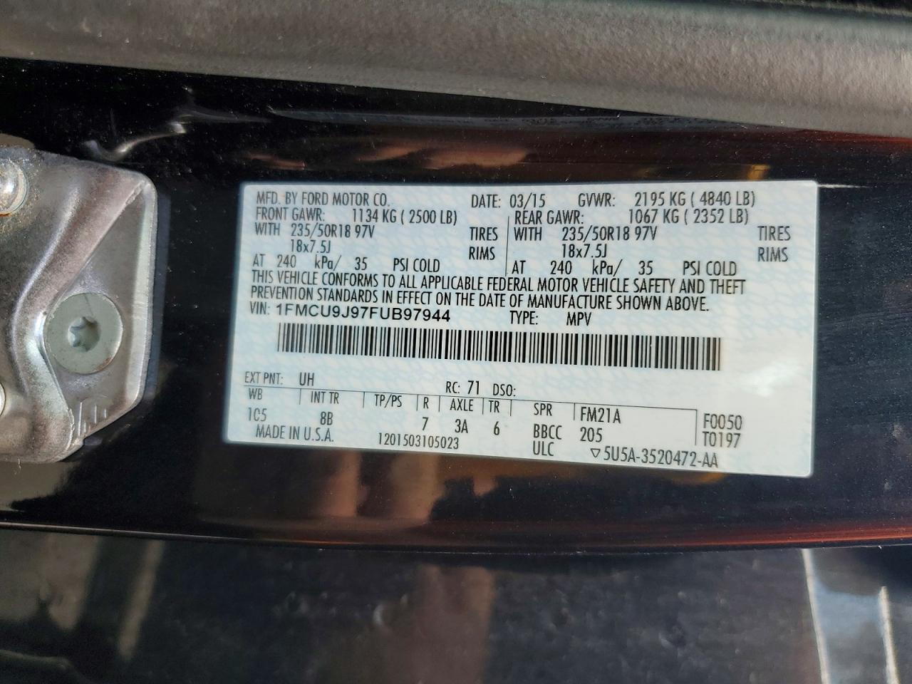 2015 Ford Escape Titanium Черный vin: 1FMCU9J97FUB97944