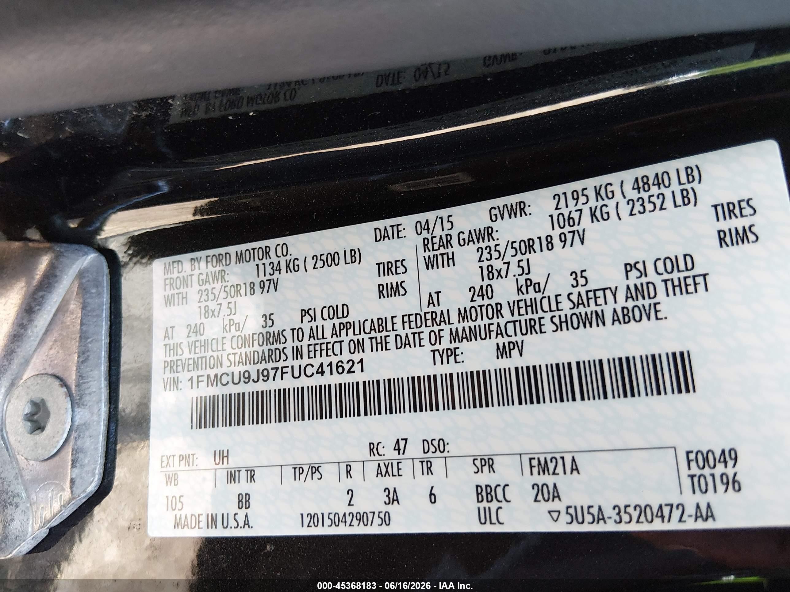 2015 Ford Escape Titanium Gray vin: 1FMCU9J97FUC41621