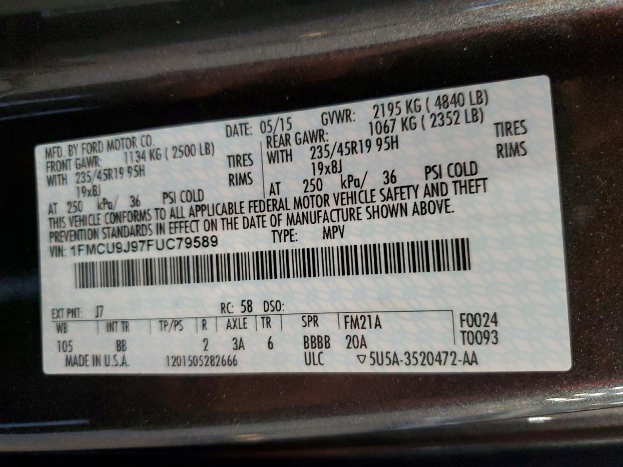2015 Ford Escape Titanium Gray vin: 1FMCU9J97FUC79589