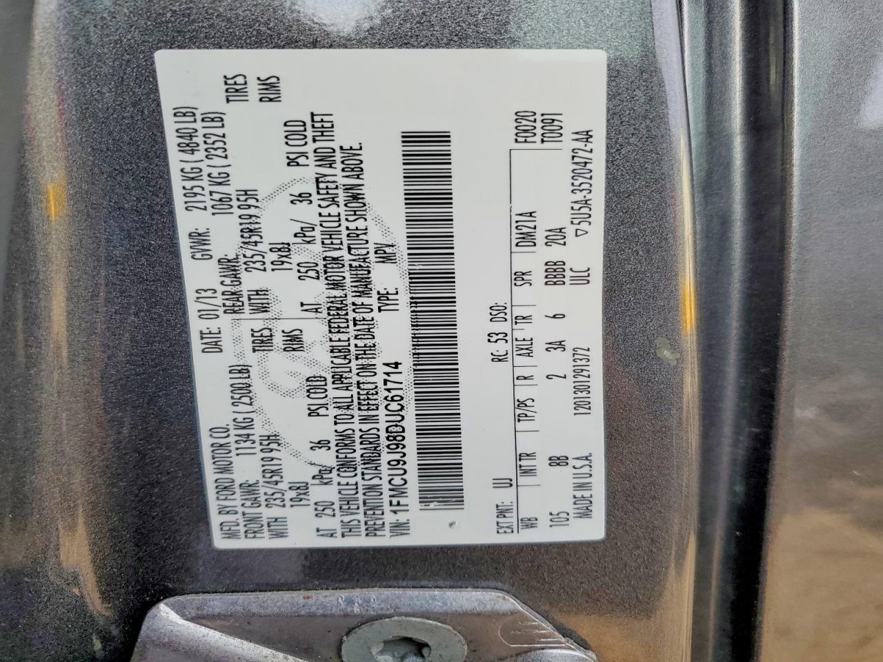 2013 Ford Escape Titanium Серый vin: 1FMCU9J98DUC61714