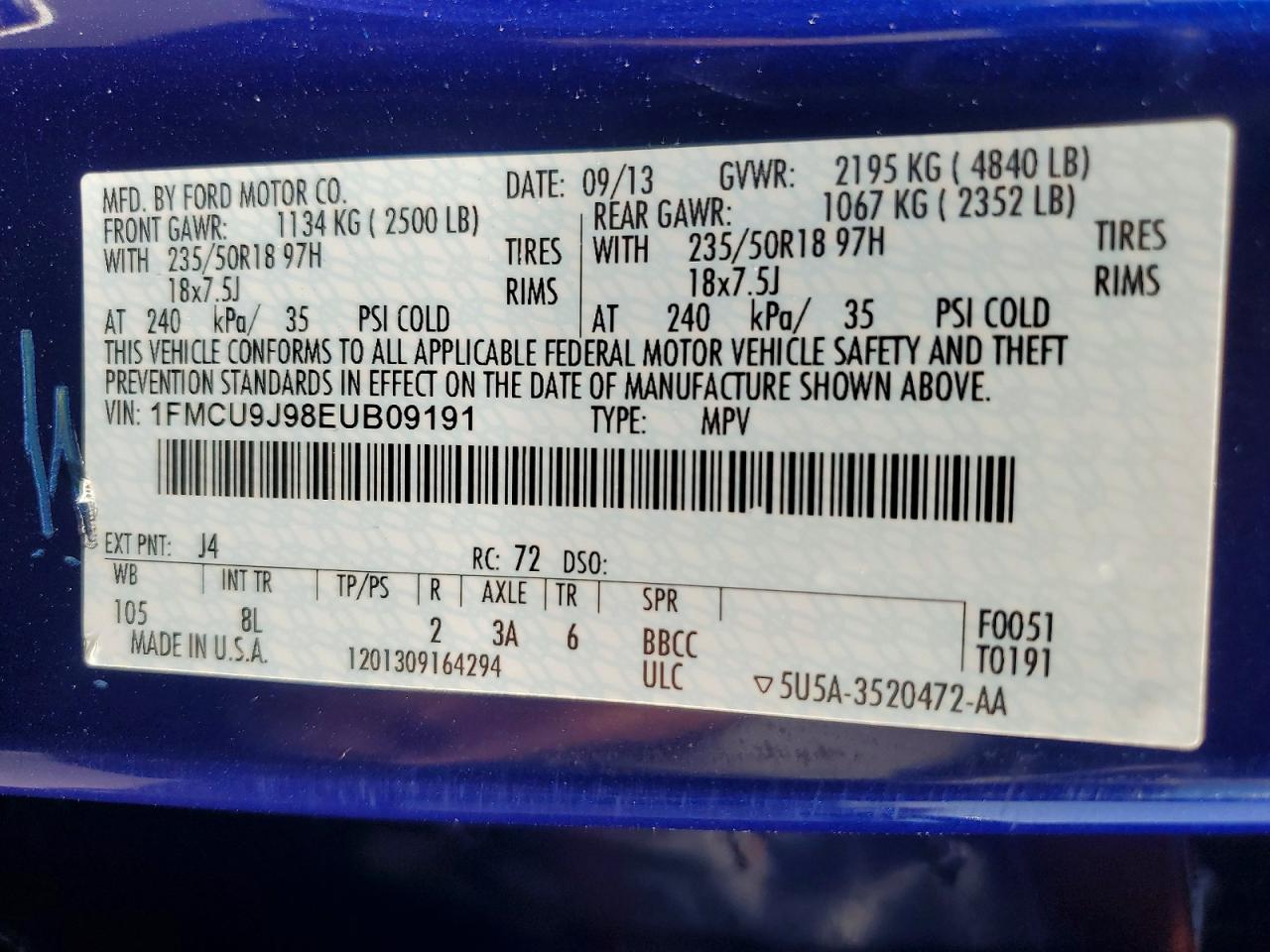 2014 Ford Escape Titanium Blue vin: 1FMCU9J98EUB09191