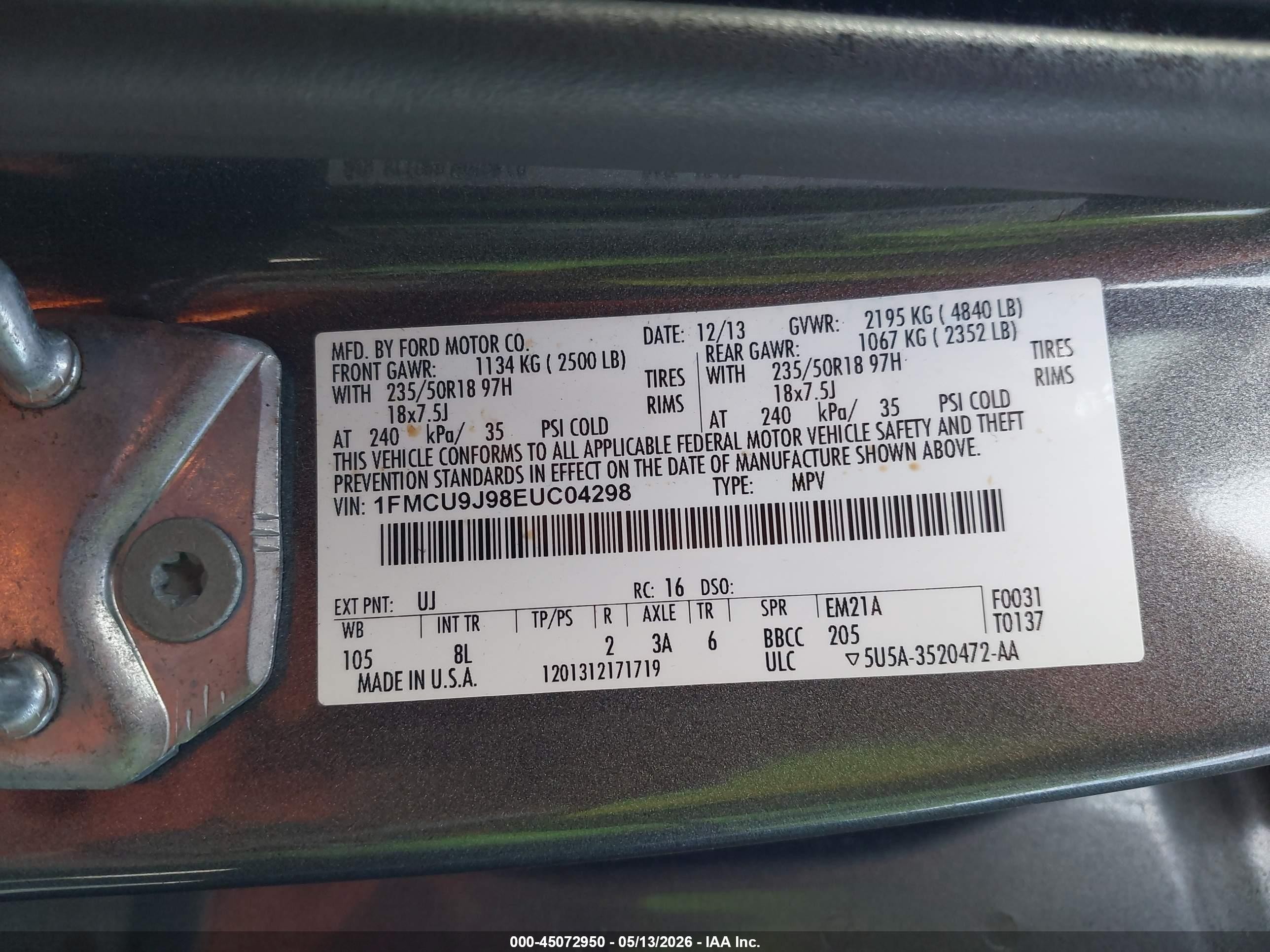 2014 Ford Escape Titanium Gray vin: 1FMCU9J98EUC04298