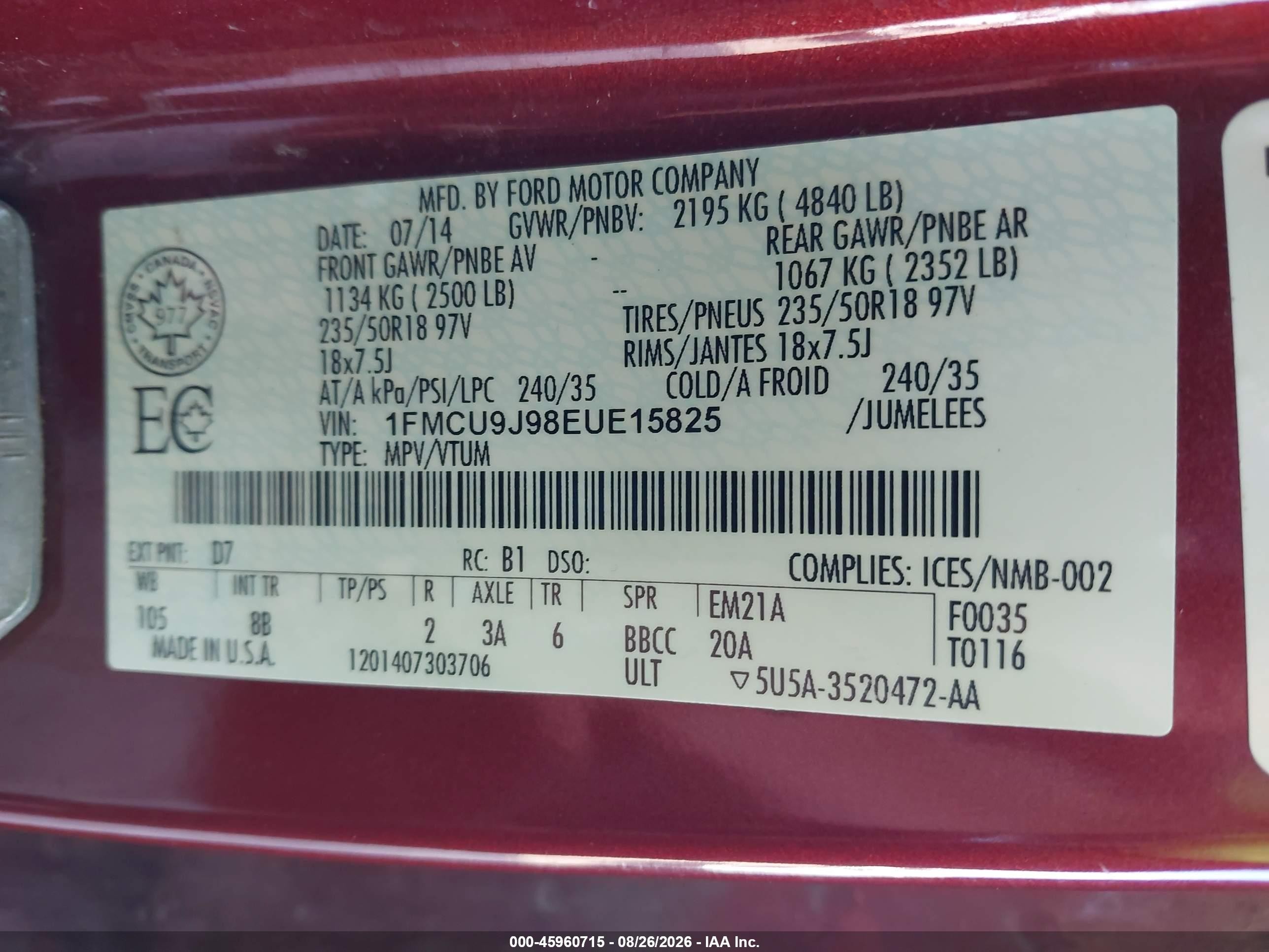 2014 Ford Escape Titanium Maroon vin: 1FMCU9J98EUE15825