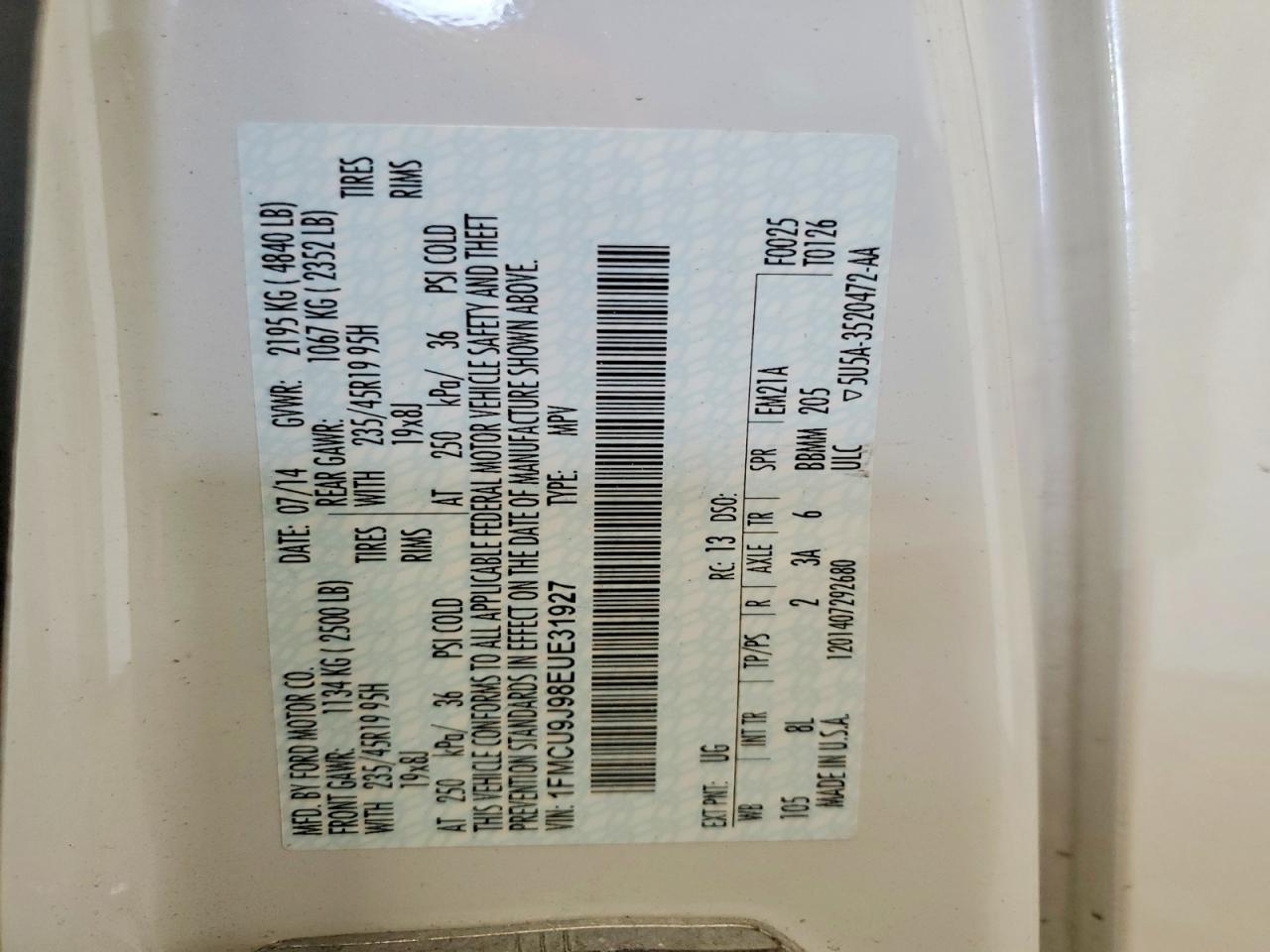 2014 Ford Escape Titanium White vin: 1FMCU9J98EUE31927
