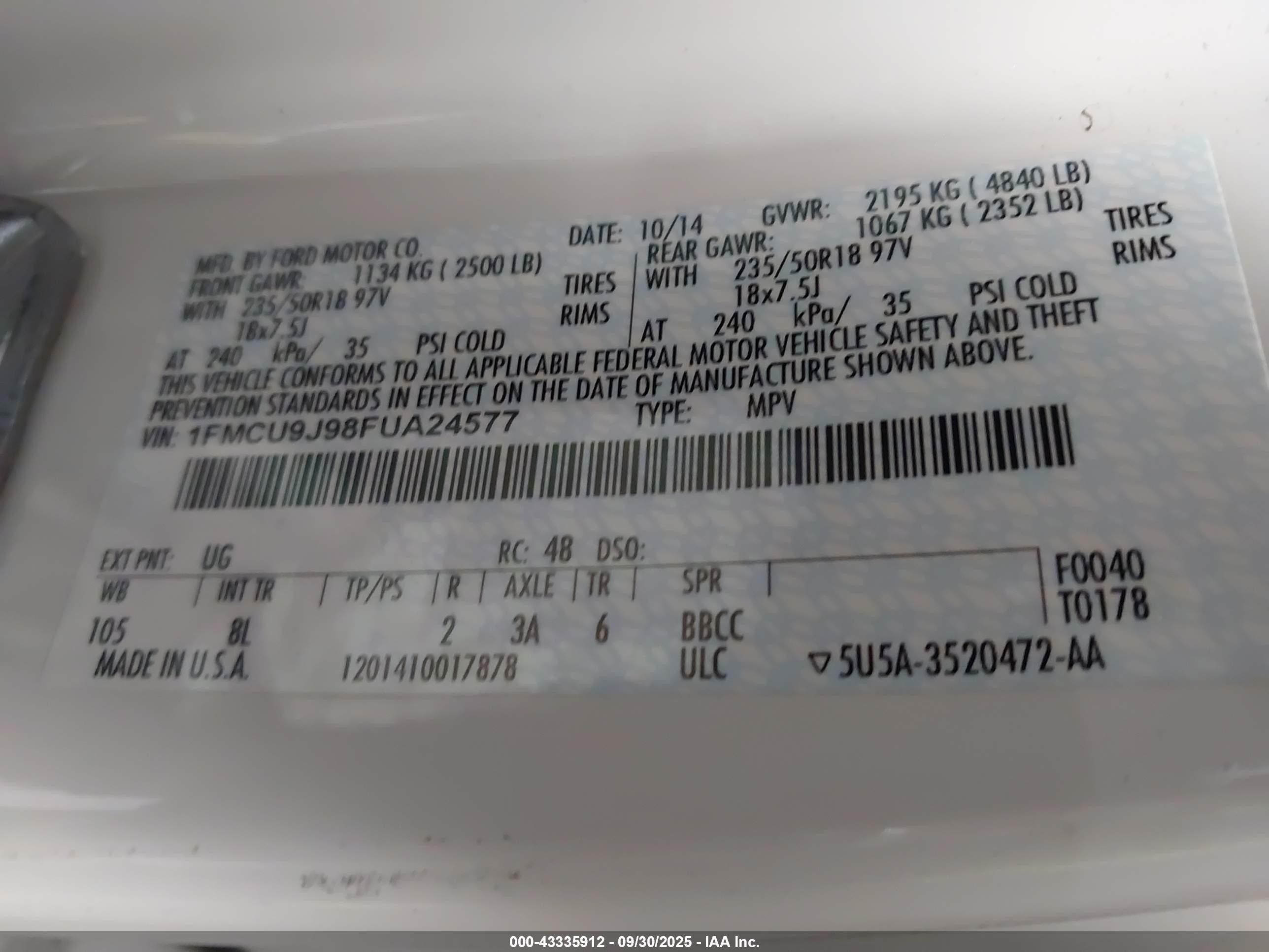 2015 Ford Escape Titanium White vin: 1FMCU9J98FUA24577