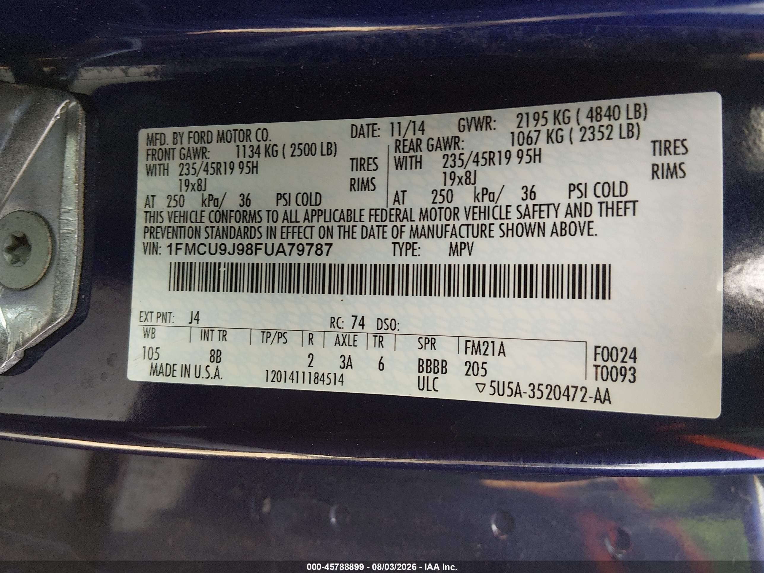 2015 Ford Escape Titanium Blue vin: 1FMCU9J98FUA79787