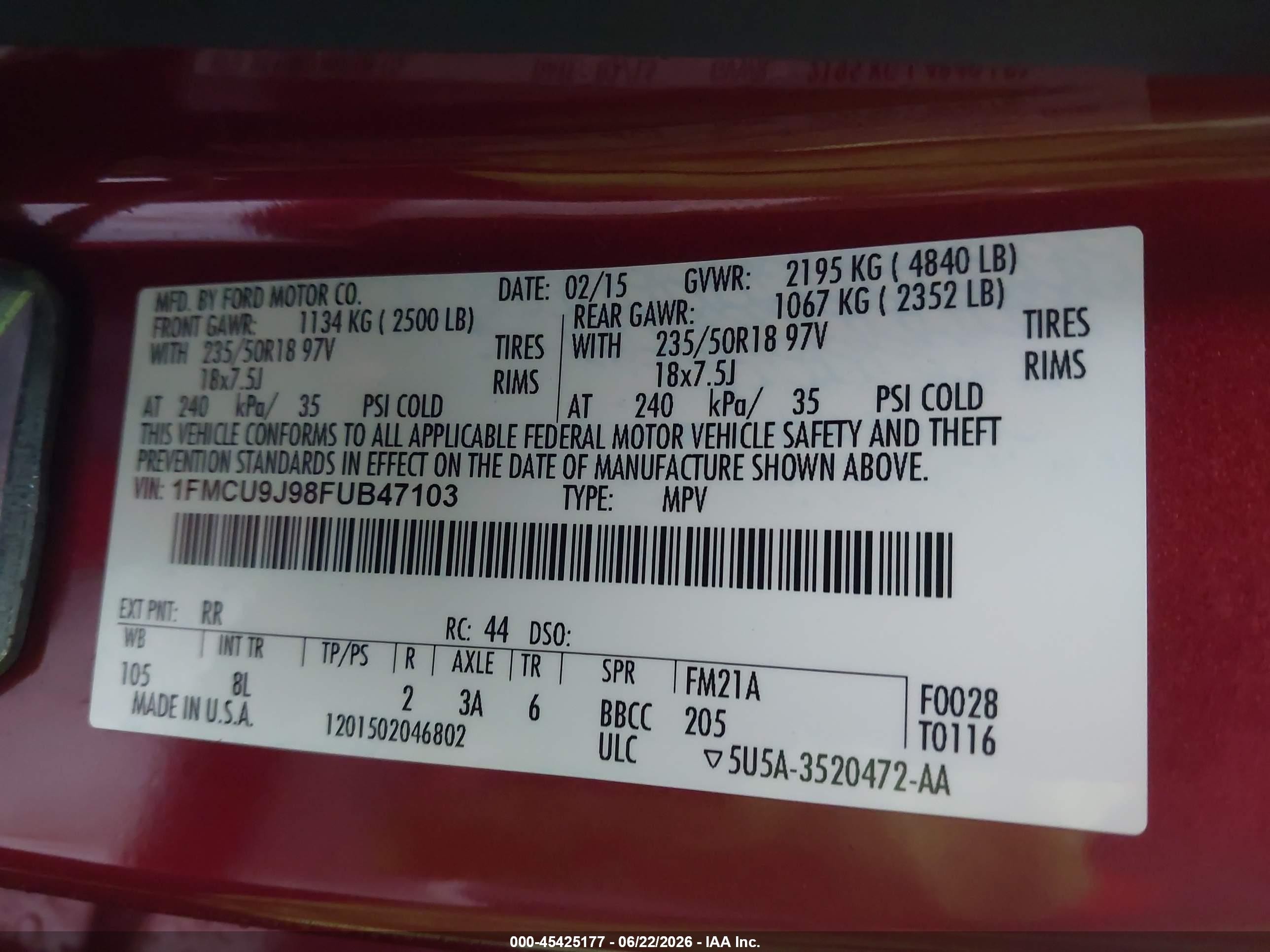 2015 Ford Escape Titanium Red vin: 1FMCU9J98FUB47103