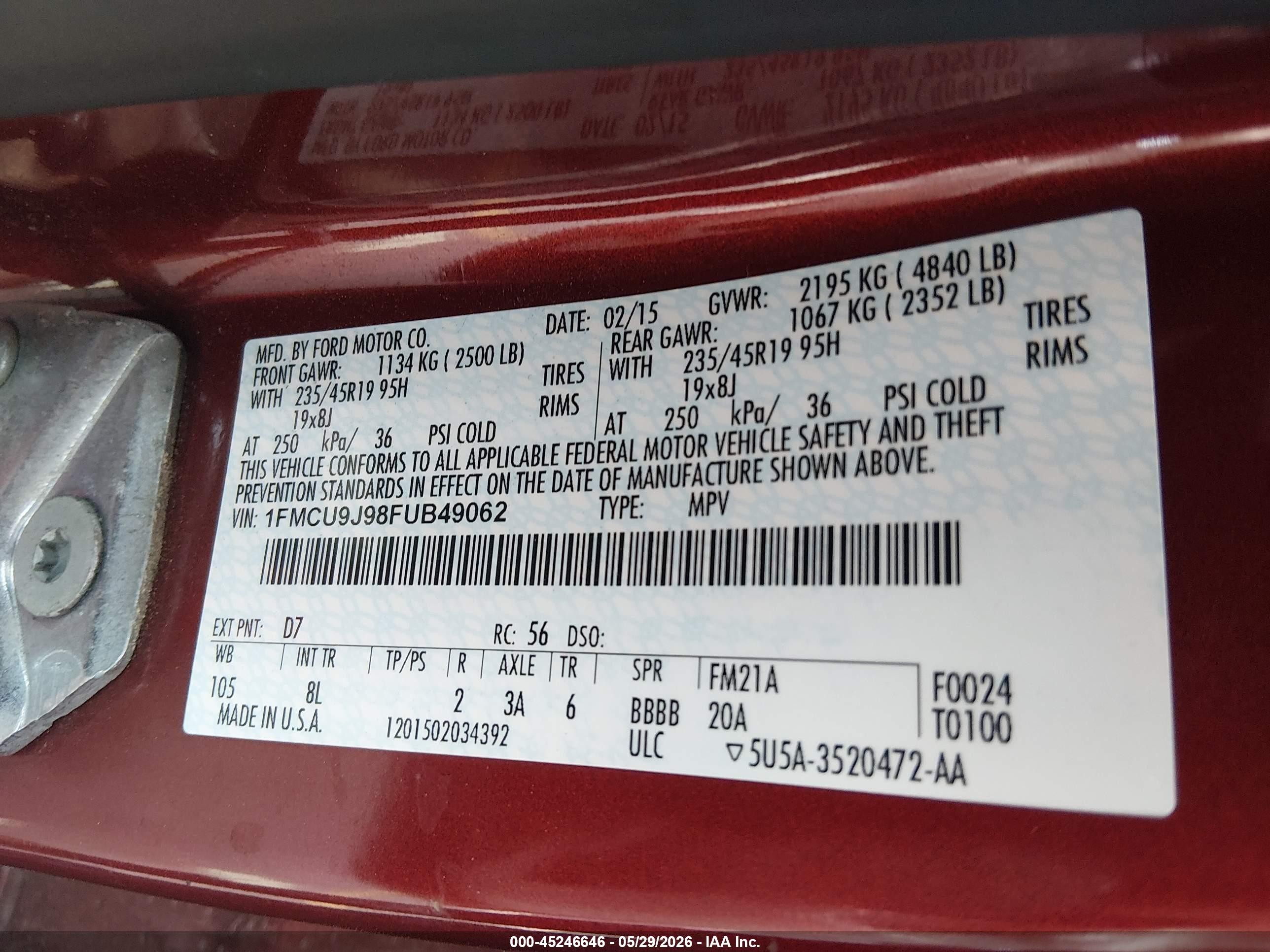 2015 Ford Escape Titanium Красный vin: 1FMCU9J98FUB49062