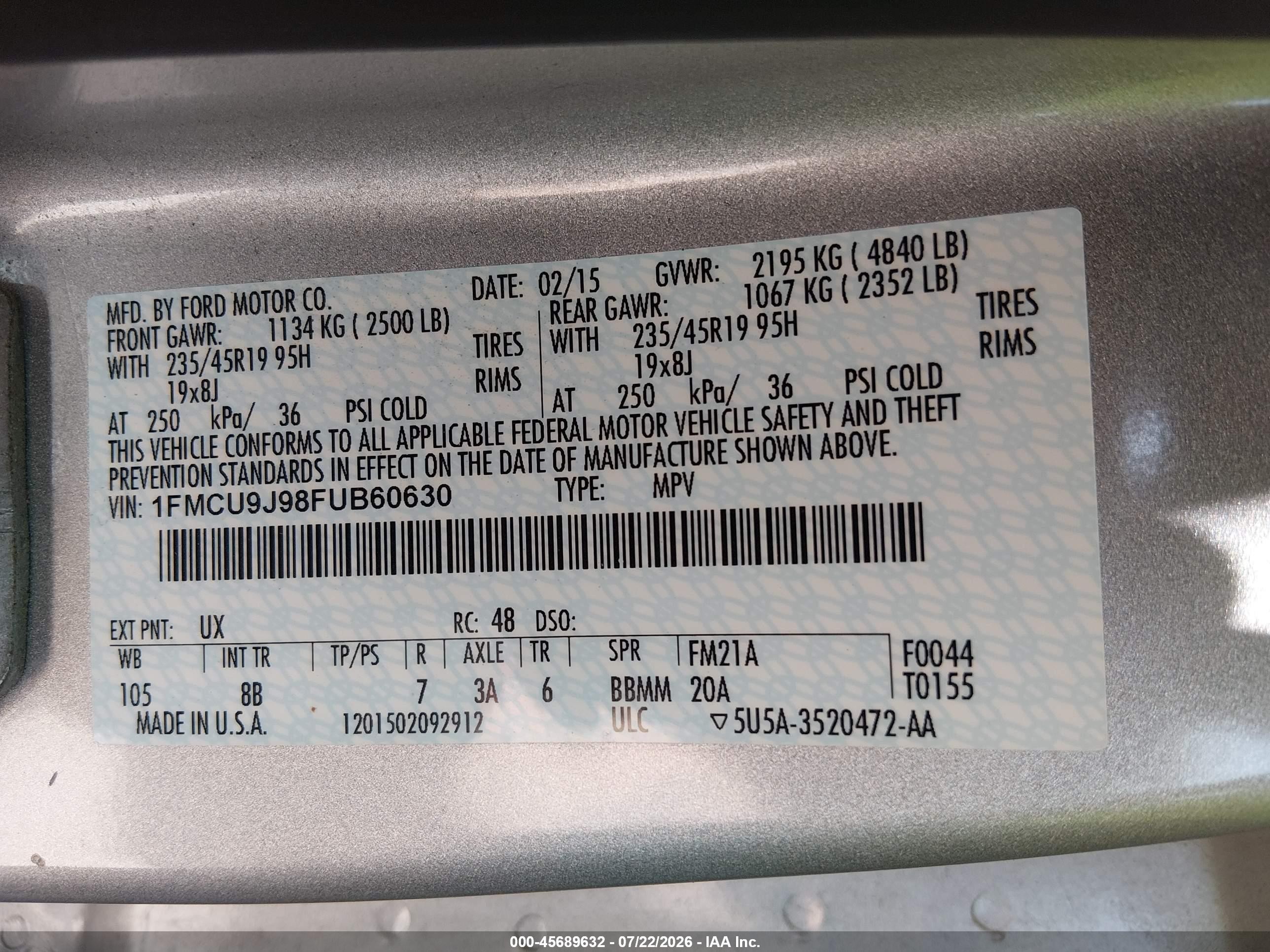 2015 Ford Escape Titanium Серебряный vin: 1FMCU9J98FUB60630