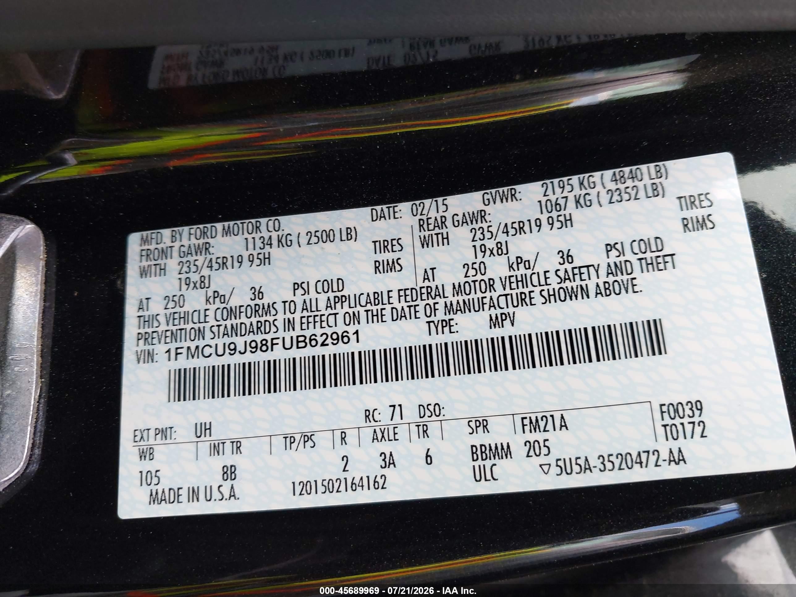 2015 Ford Escape Titanium Black vin: 1FMCU9J98FUB62961