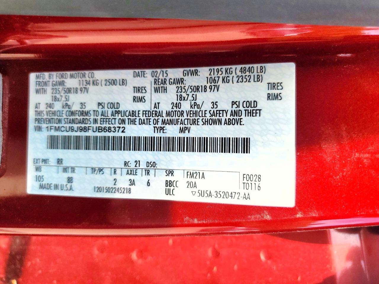 2015 Ford Escape Titanium Red vin: 1FMCU9J98FUB68372