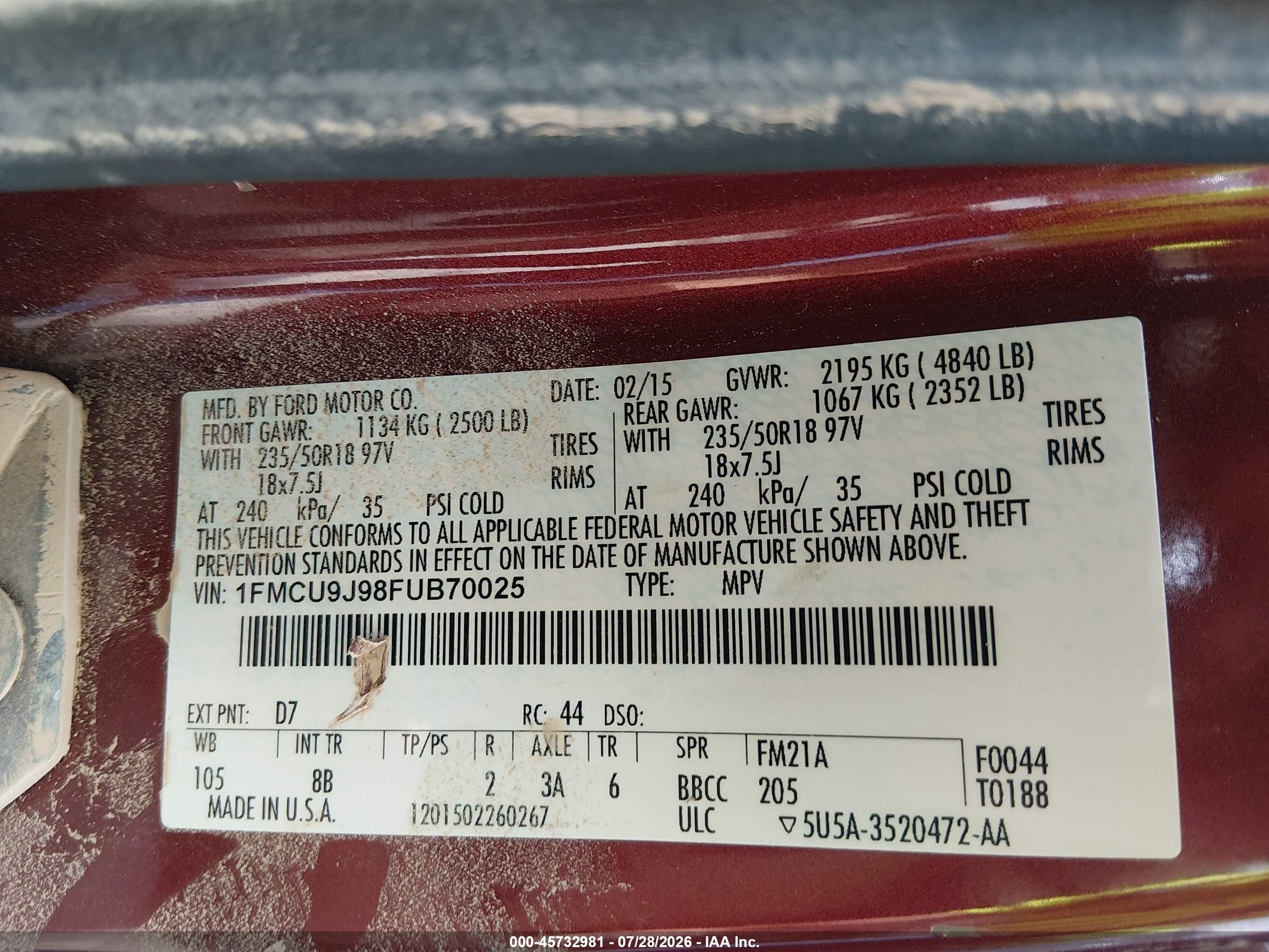 2015 Ford Escape Titanium Red vin: 1FMCU9J98FUB70025