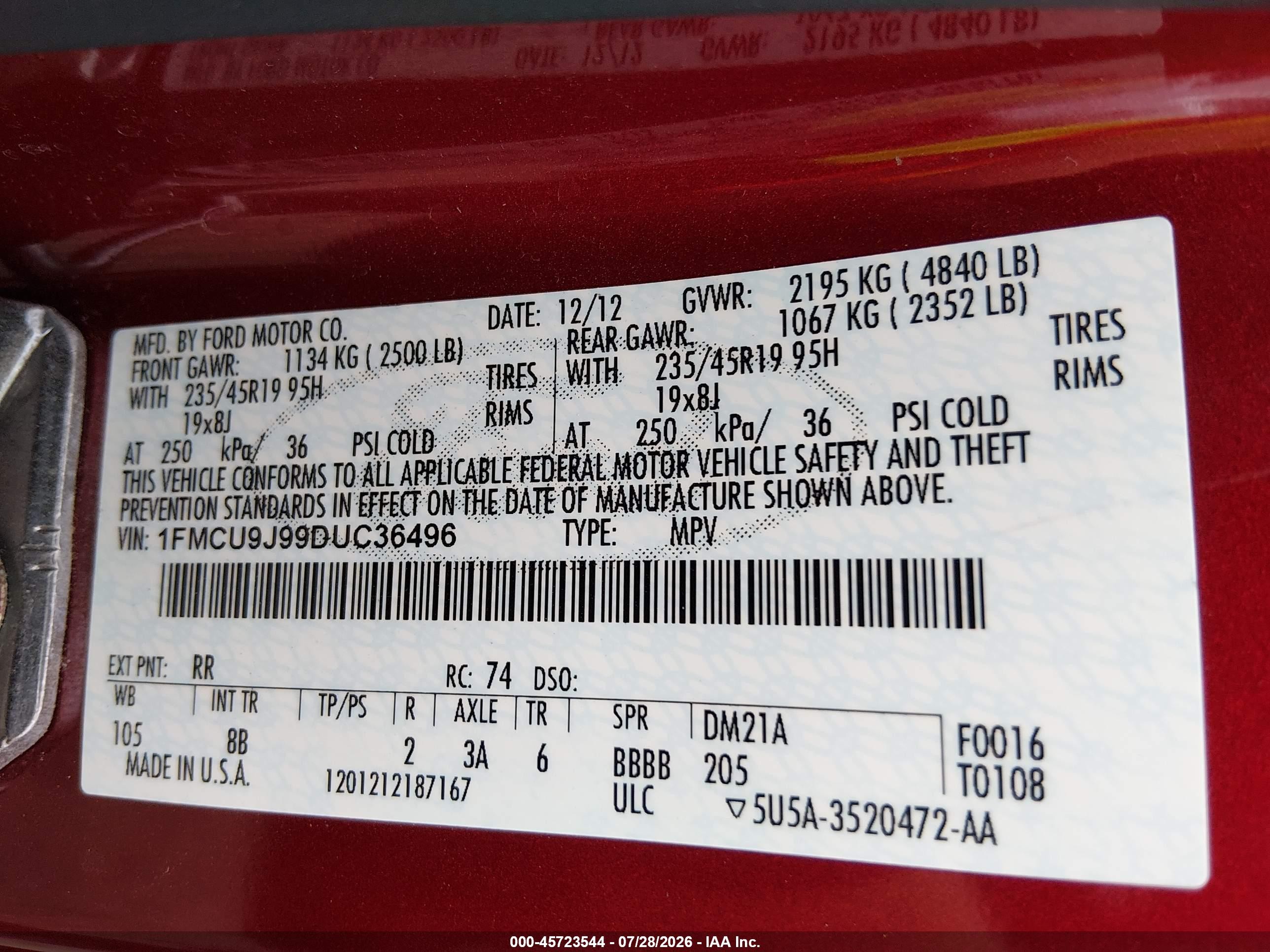 2013 Ford Escape Titanium Red vin: 1FMCU9J99DUC36496