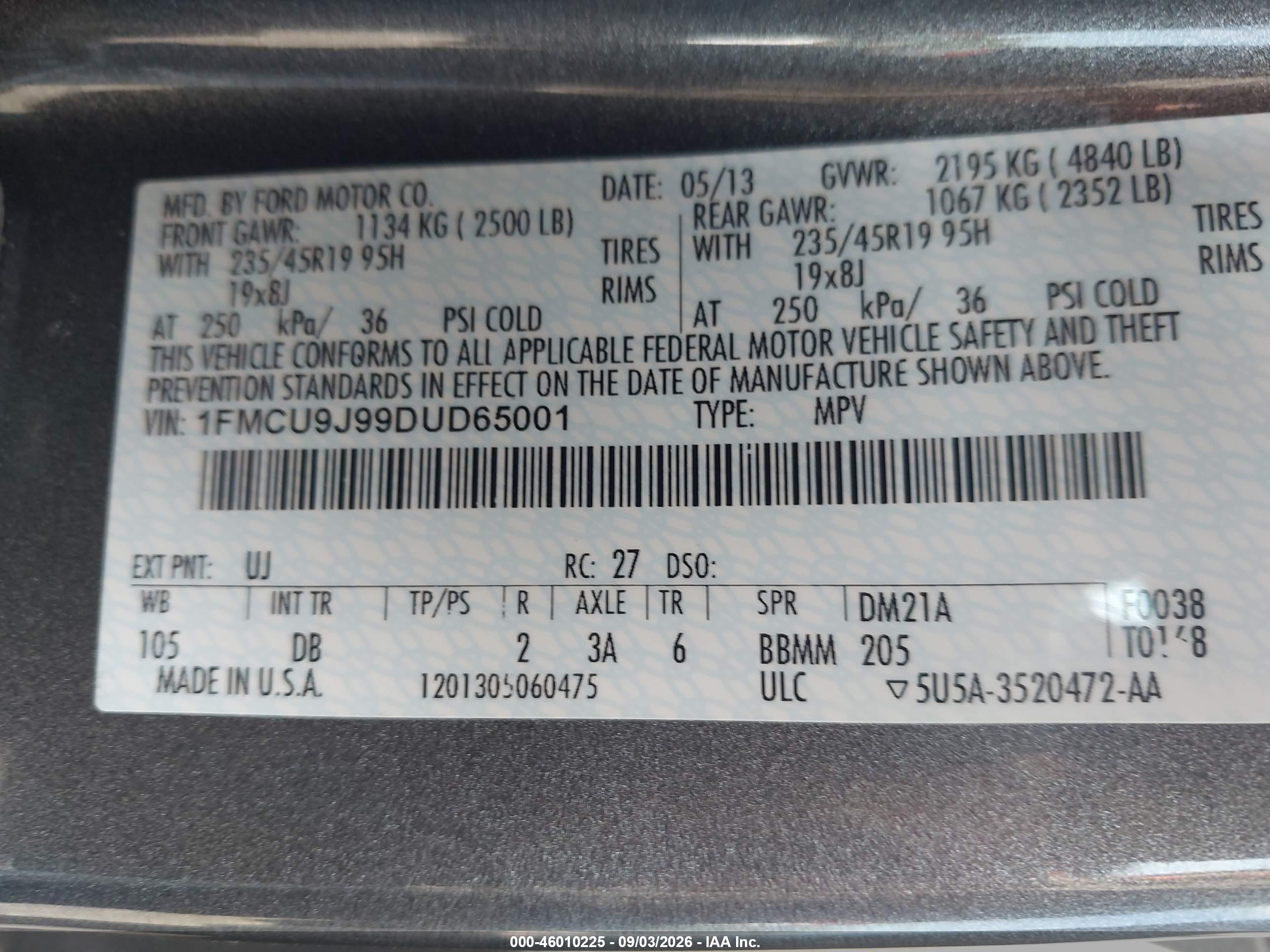 2013 Ford Escape Titanium Gray vin: 1FMCU9J99DUD65001