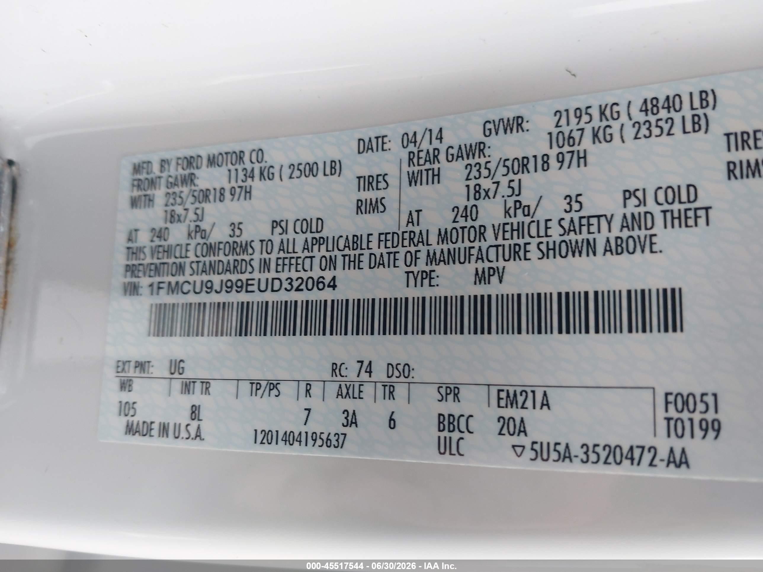 2014 Ford Escape Titanium Белый vin: 1FMCU9J99EUD32064