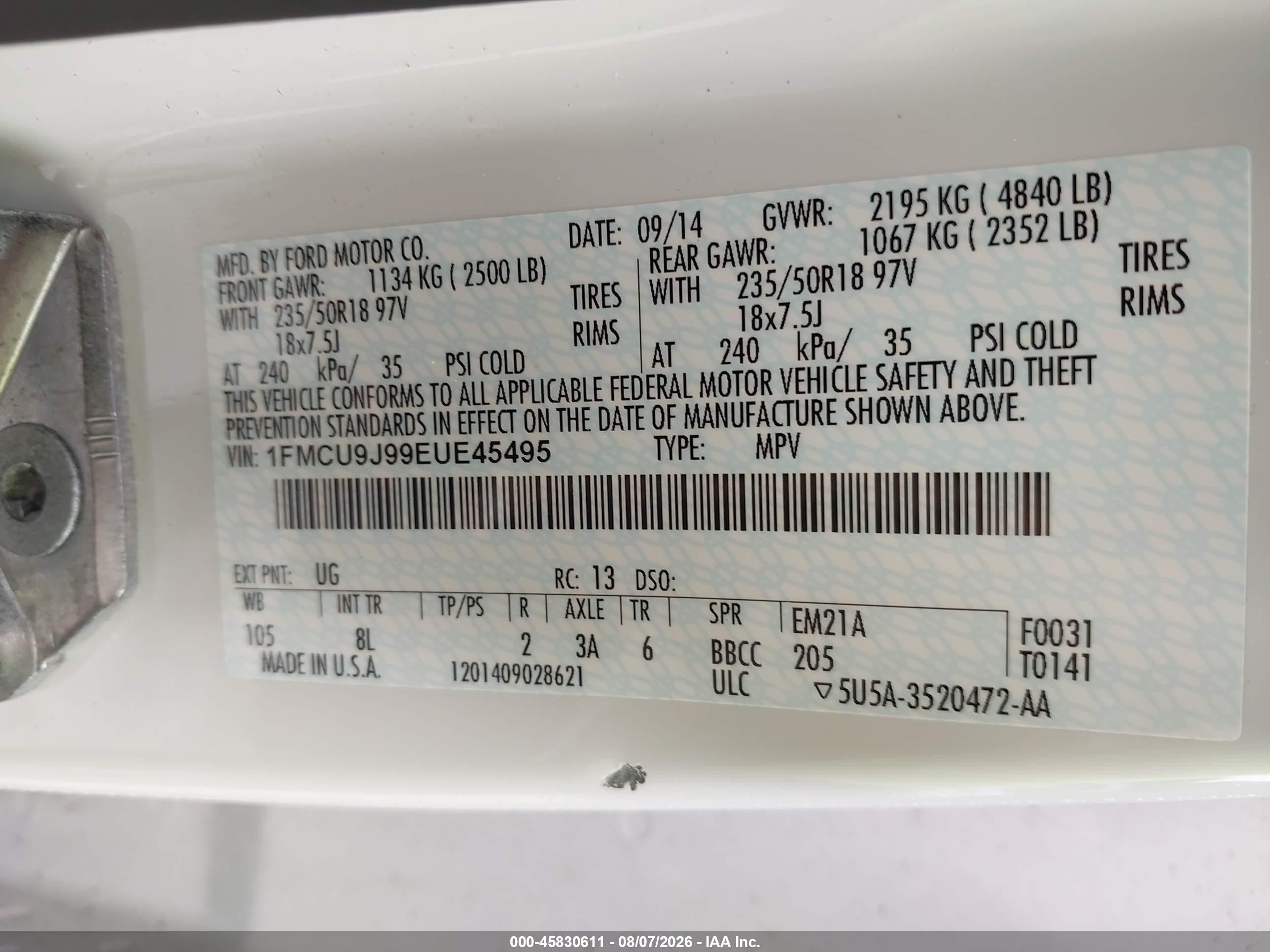 2014 Ford Escape Titanium White vin: 1FMCU9J99EUE45495