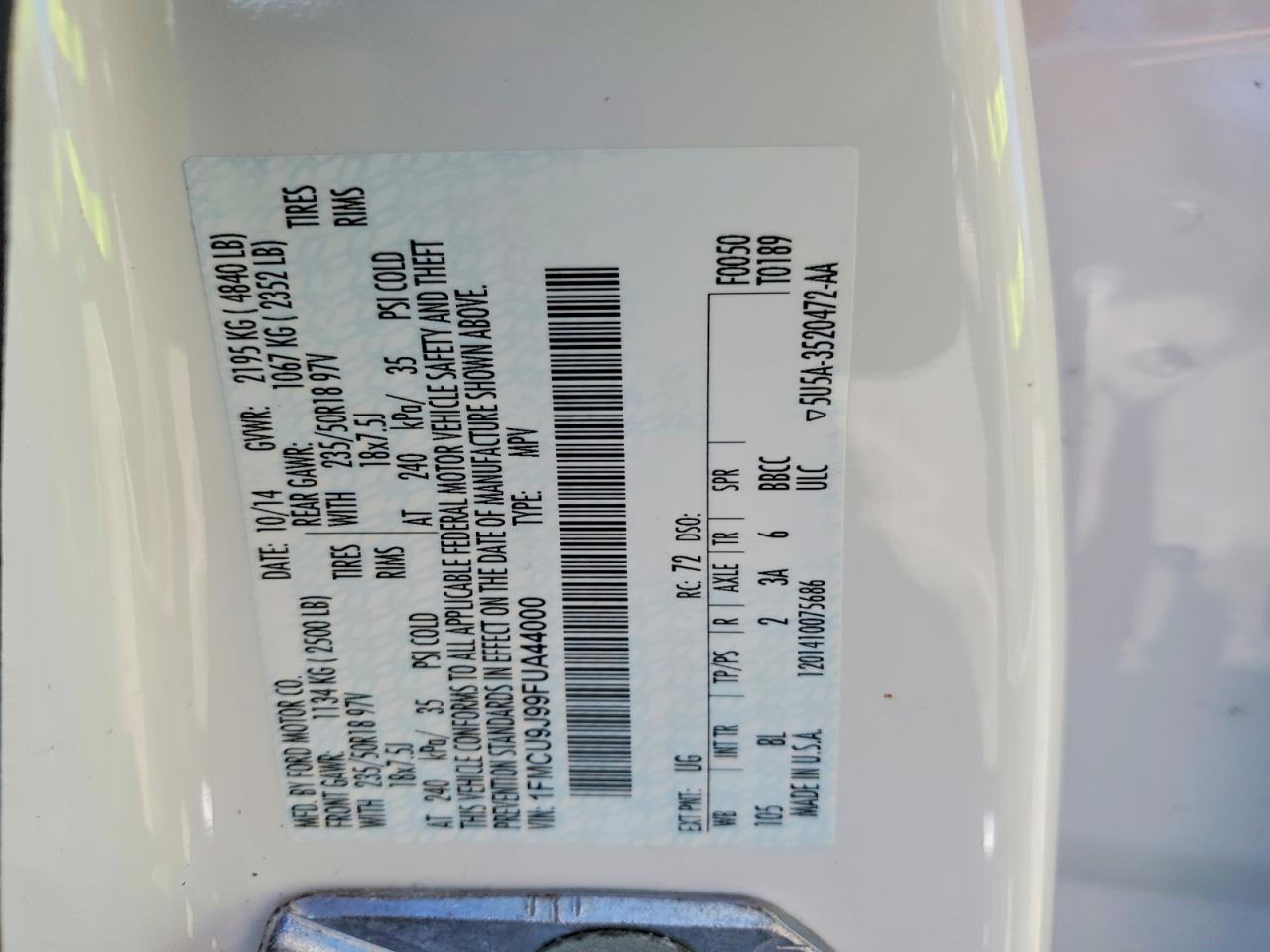 2015 Ford Escape Titanium White vin: 1FMCU9J99FUA44000